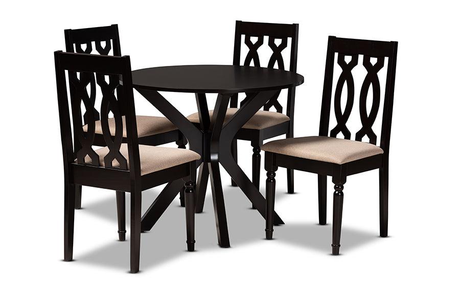 Callie Modern and Contemporary Sand Fabric Upholstered and Finished Wood 5-Piece Dining Set