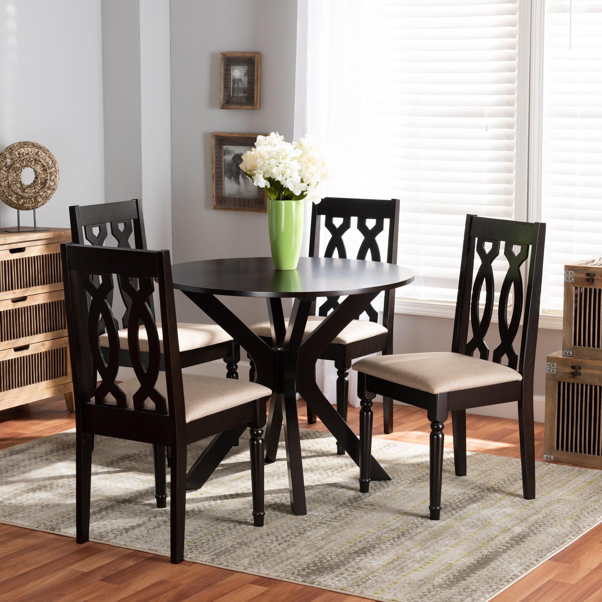 Callie Modern and Contemporary Sand Fabric Upholstered and Finished Wood 5-Piece Dining Set