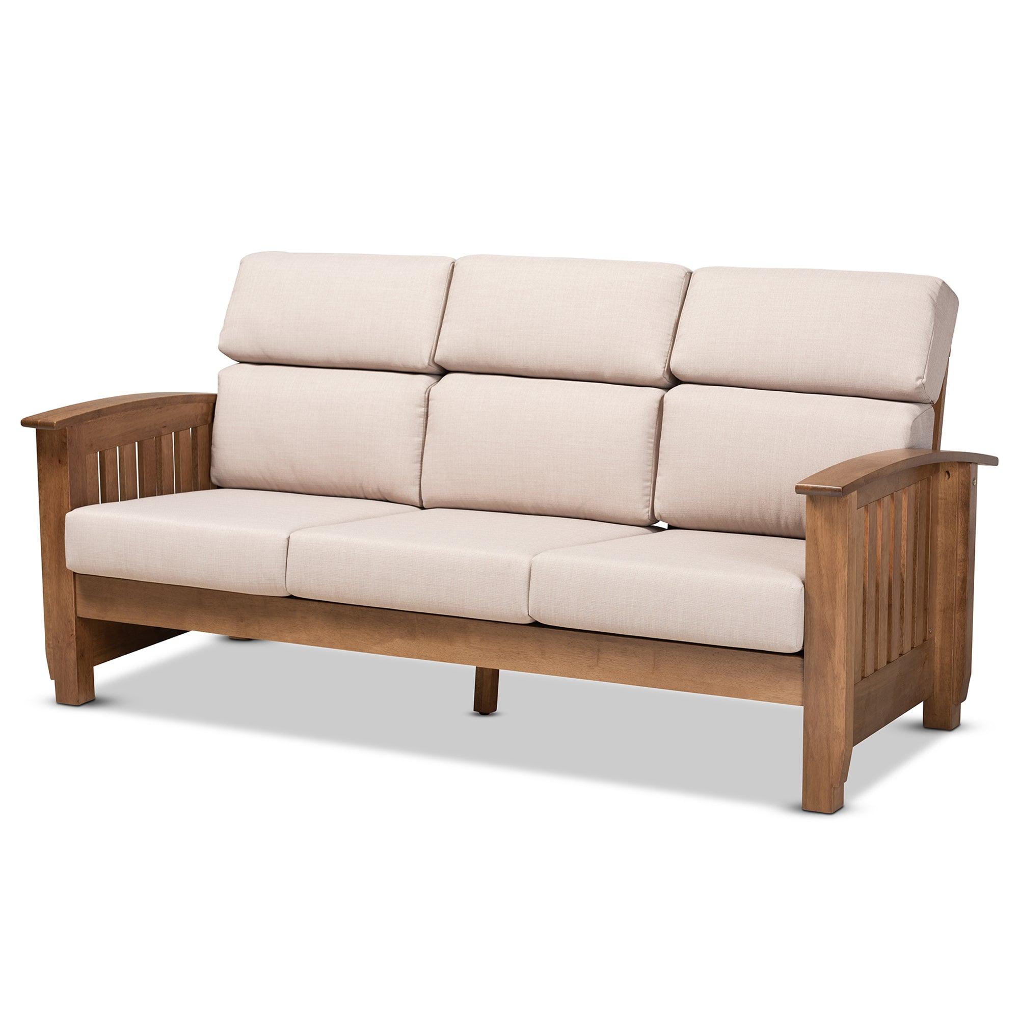 Charlotte Modern Classic Mission Style Fabric Upholstered Finished Wood 3-Seater Sofa