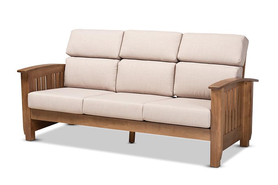 Charlotte Modern Classic Mission Style Fabric Upholstered Finished Wood 3-Seater Sofa