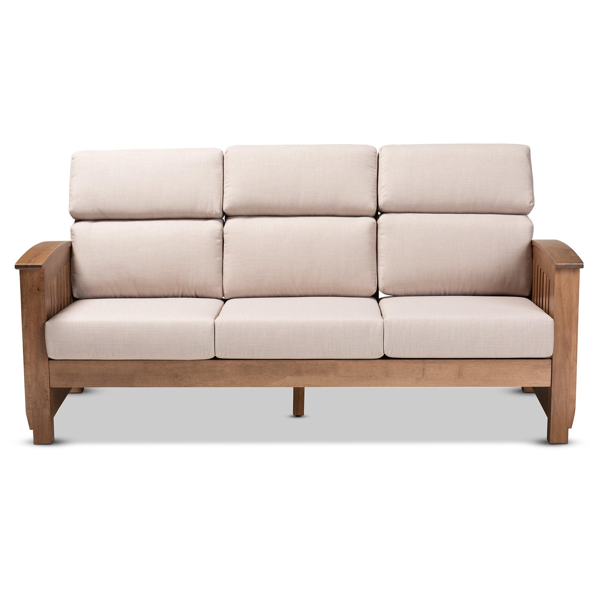 Charlotte Modern Classic Mission Style Fabric Upholstered Finished Wood 3-Seater Sofa