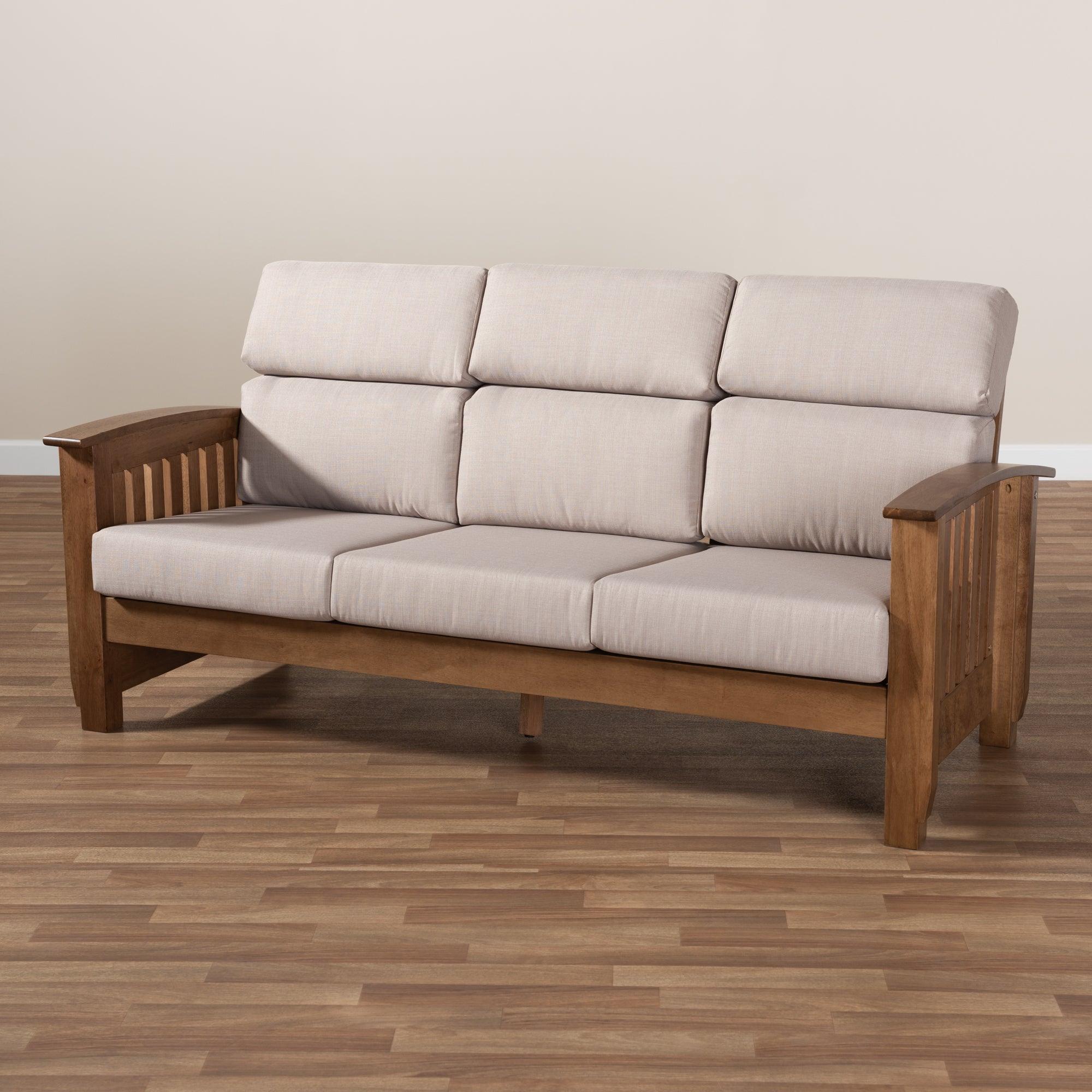 Charlotte Modern Classic Mission Style Fabric Upholstered Finished Wood 3-Seater Sofa