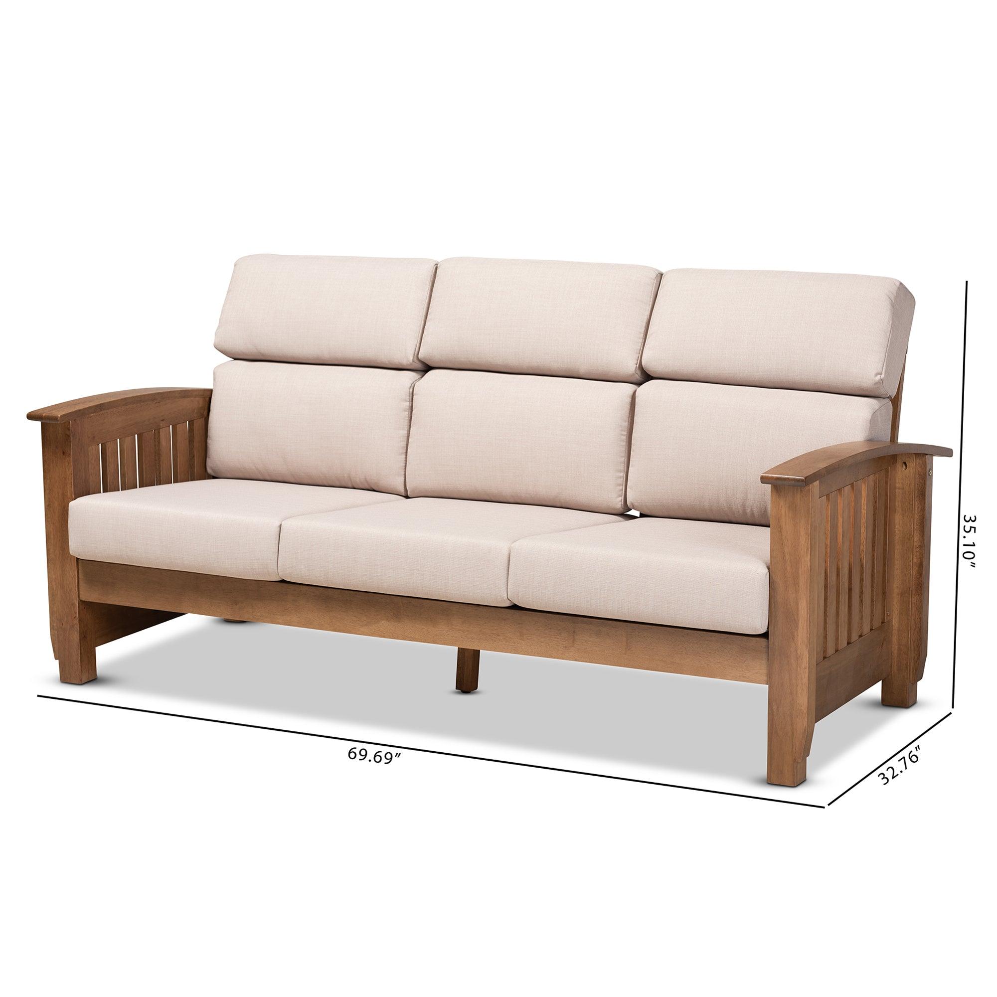 Charlotte Modern Classic Mission Style Fabric Upholstered Finished Wood 3-Seater Sofa