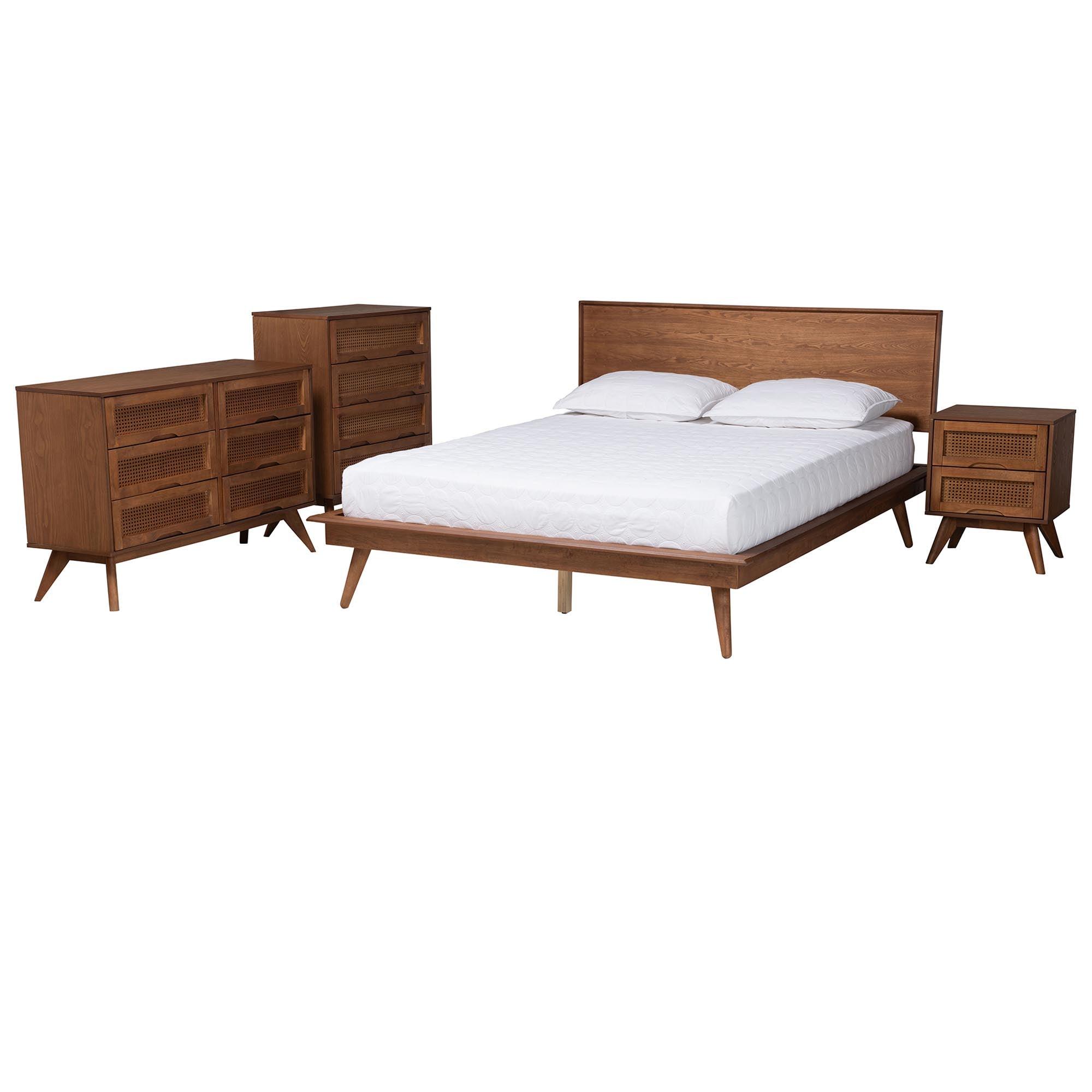 Melora Mid-Century Modern Finished Wood and Rattan 4-Piece Bedroom Set