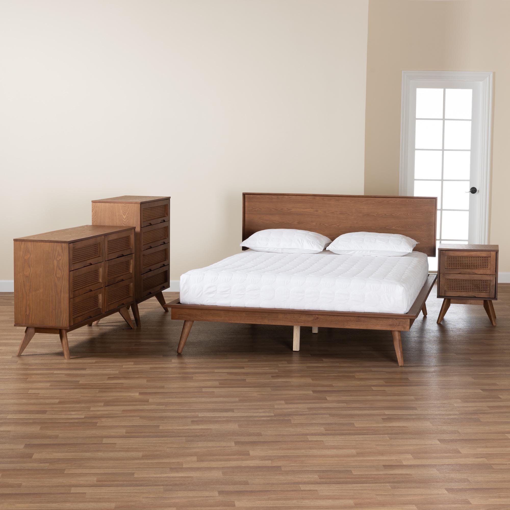 Melora Mid-Century Modern Finished Wood and Rattan 4-Piece Bedroom Set