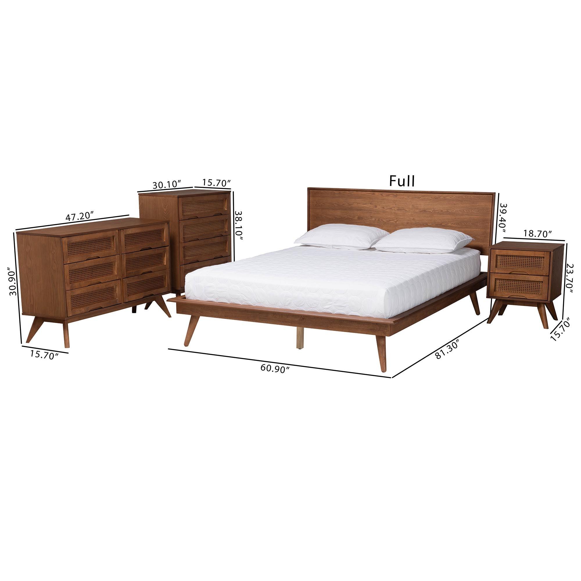 Melora Mid-Century Modern Finished Wood and Rattan 4-Piece Bedroom Set