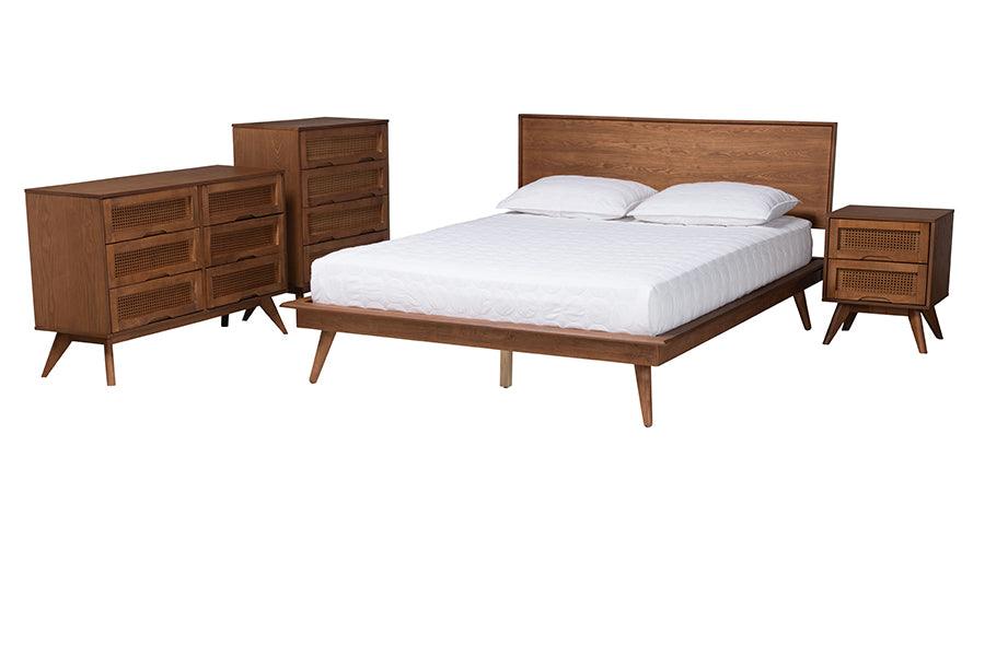 Melora Mid-Century Modern Finished Wood and Rattan 4-Piece Bedroom Set