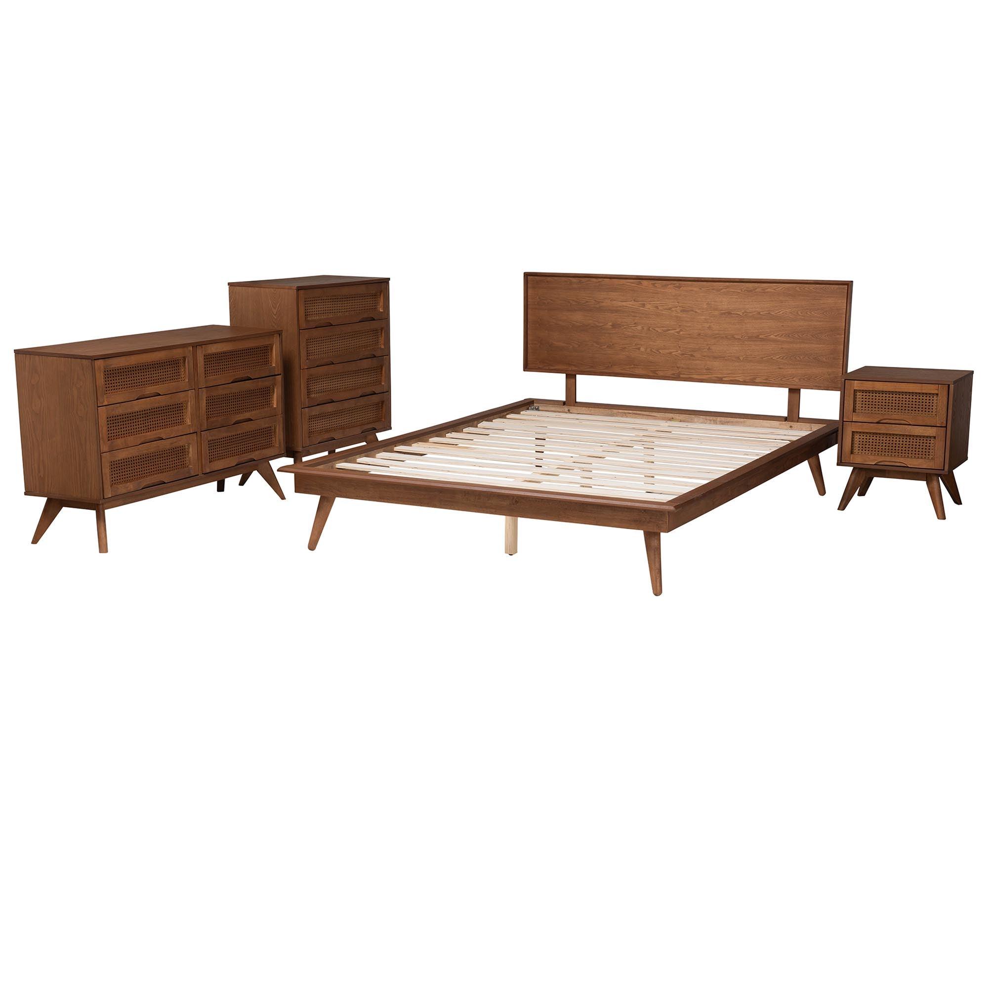 Melora Mid-Century Modern Finished Wood and Rattan 4-Piece Bedroom Set