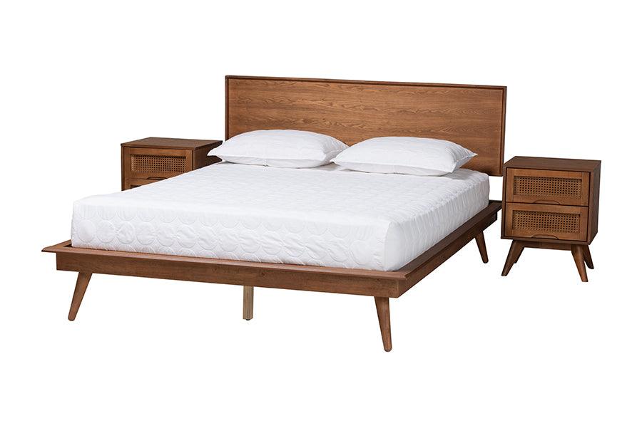 Melora Mid-Century Modern Finished Wood and Rattan 3-Piece Bedroom Set