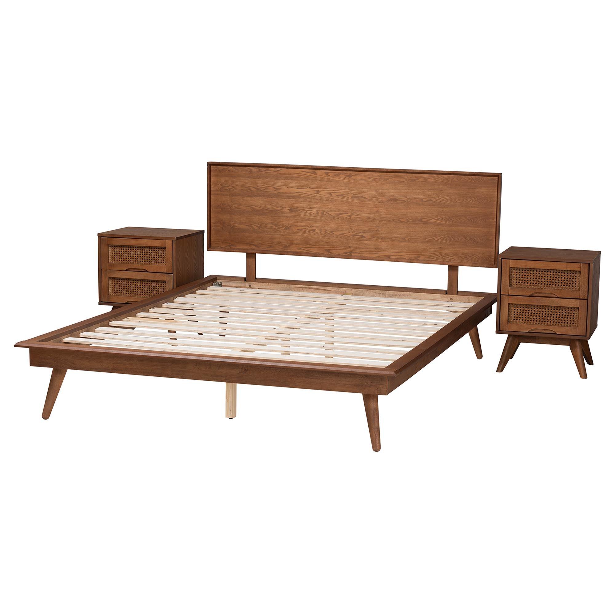 Melora Mid-Century Modern Finished Wood and Rattan 3-Piece Bedroom Set