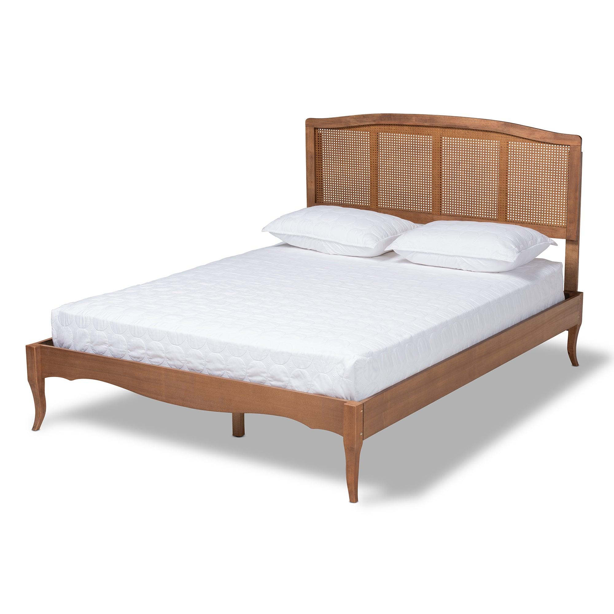 Marieke Vintage French Inspired Ash Wanut Finished Wood and Synthetic Rattan Platform Bed