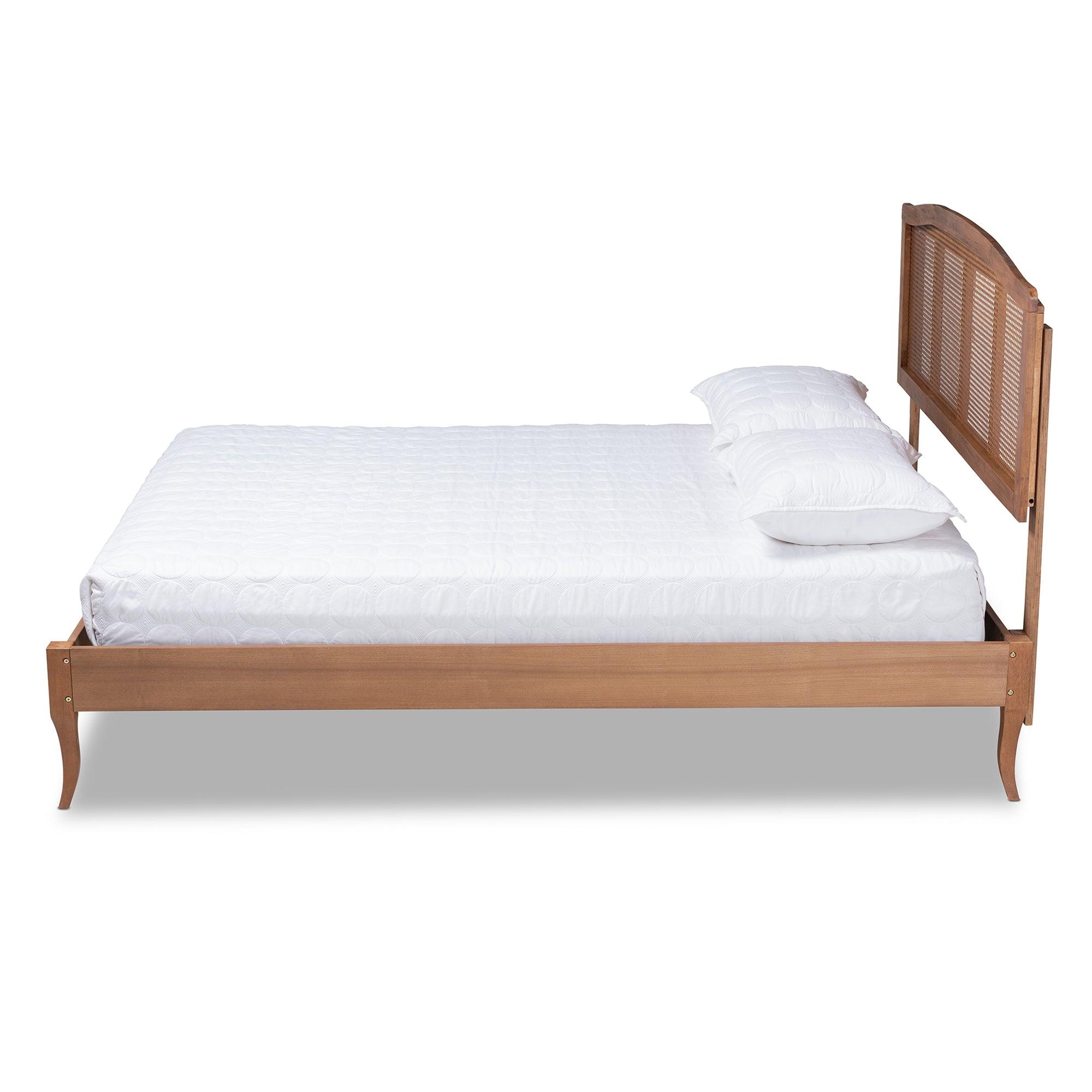 Marieke Vintage French Inspired Ash Wanut Finished Wood and Synthetic Rattan Platform Bed