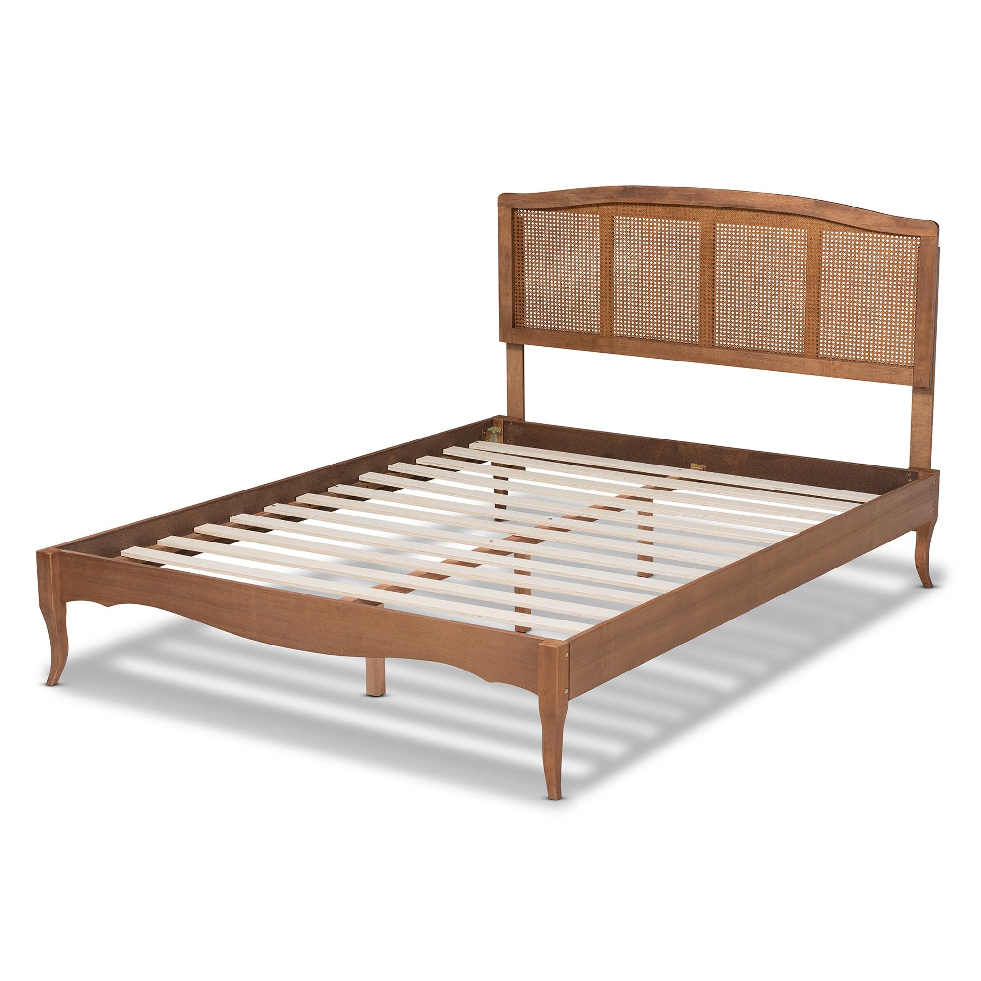 Marieke Vintage French Inspired Ash Wanut Finished Wood and Synthetic Rattan Platform Bed