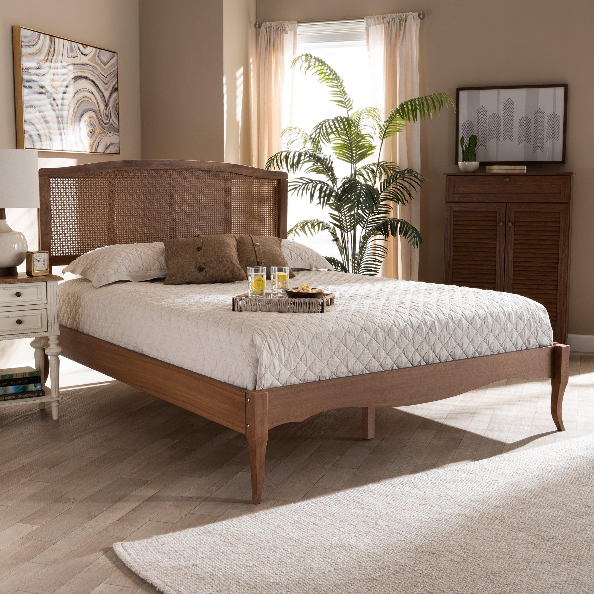 Marieke Vintage French Inspired Ash Wanut Finished Wood and Synthetic Rattan Platform Bed