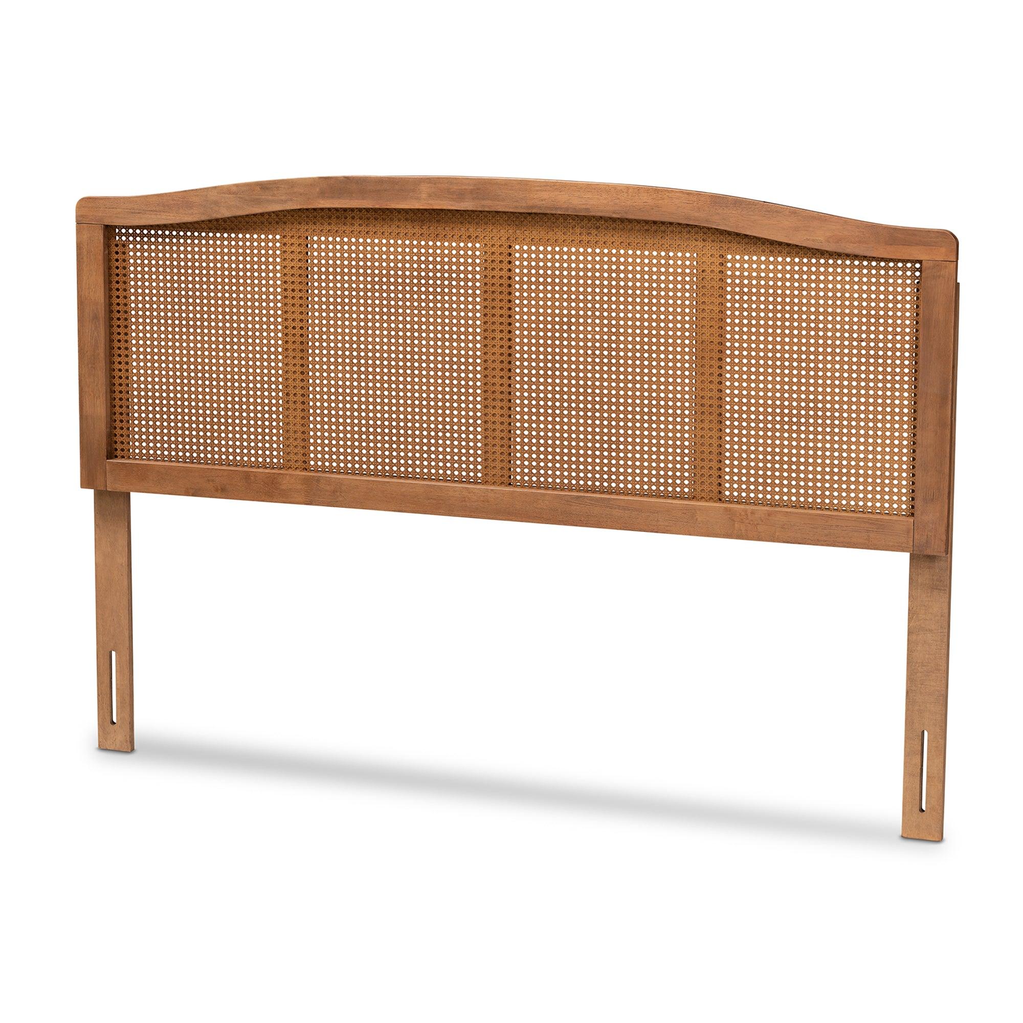 Marieke Mid-Century Modern Ash Wanut Finished Wood and Synthetic Rattan Headboard