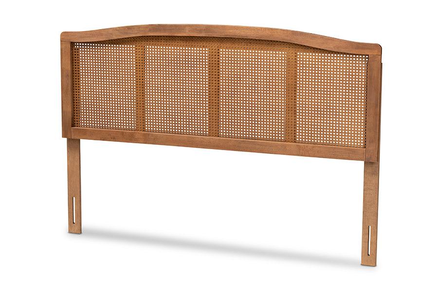 Marieke Mid-Century Modern Ash Wanut Finished Wood and Synthetic Rattan Headboard