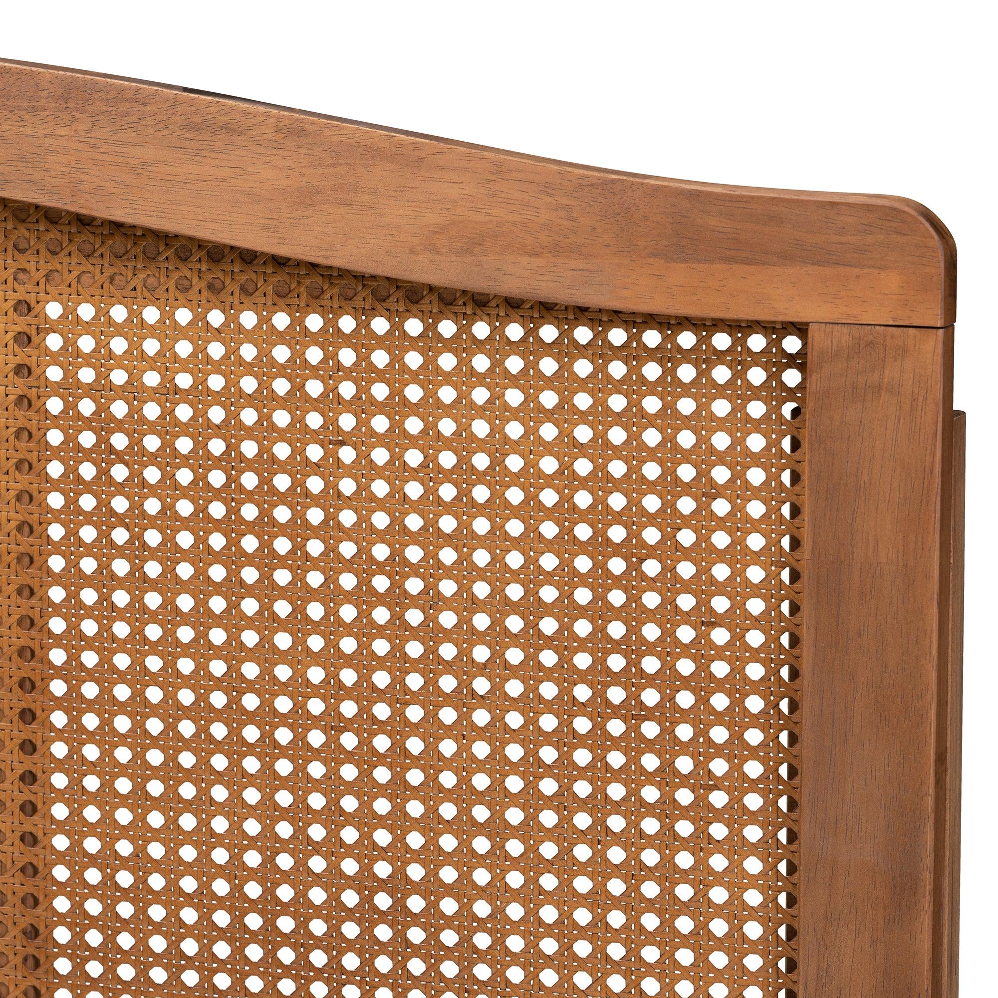 Marieke Mid-Century Modern Ash Wanut Finished Wood and Synthetic Rattan Headboard