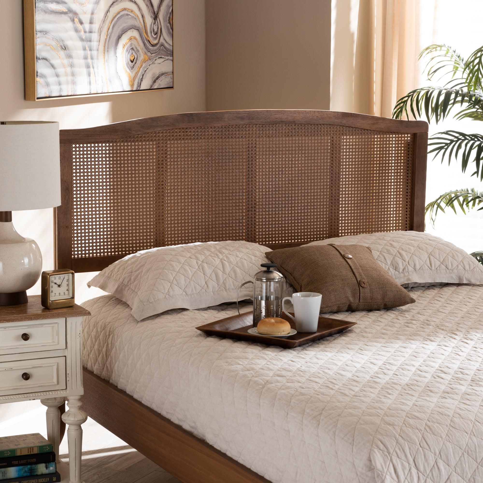 Marieke Mid-Century Modern Ash Wanut Finished Wood and Synthetic Rattan Headboard