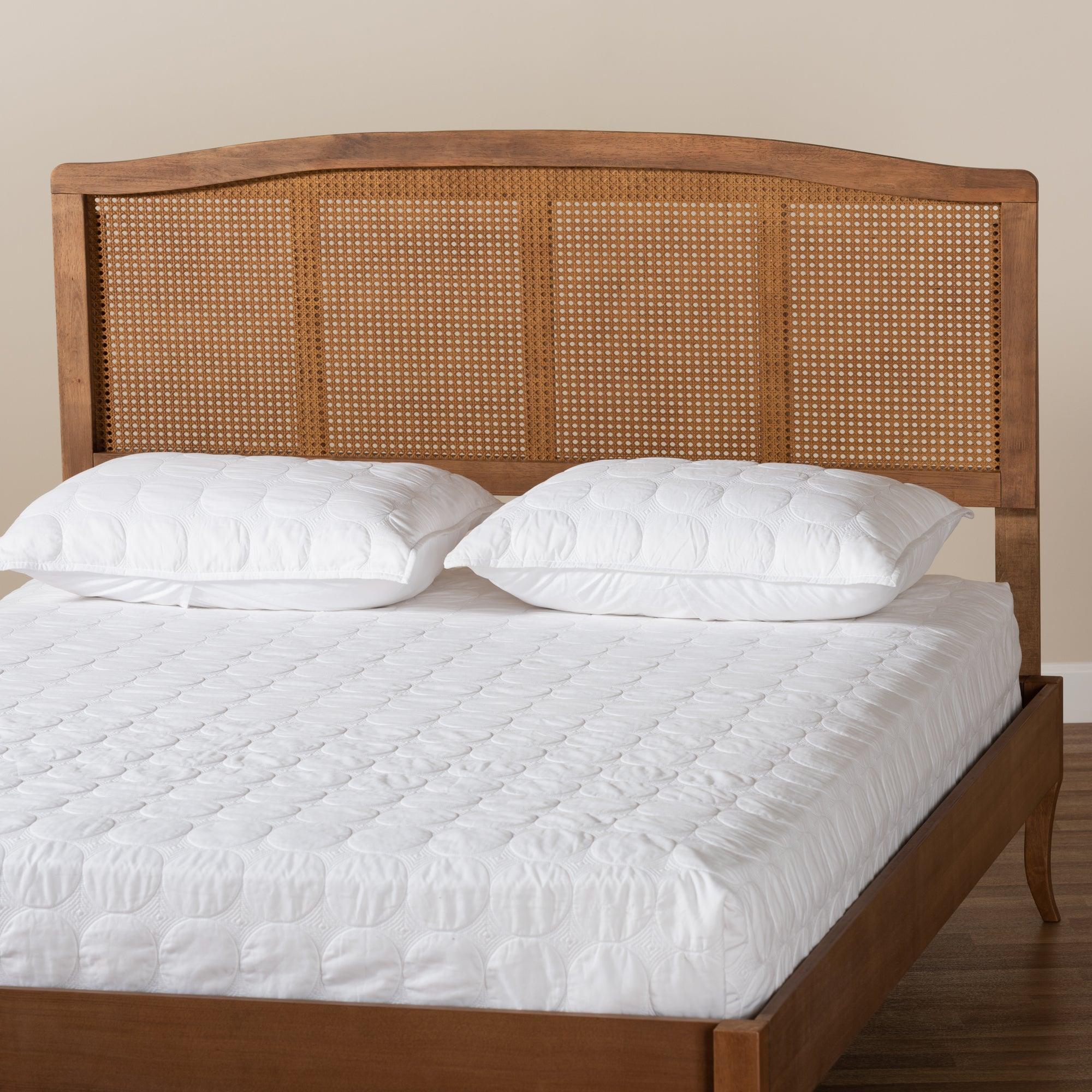 Marieke Mid-Century Modern Ash Wanut Finished Wood and Synthetic Rattan Headboard