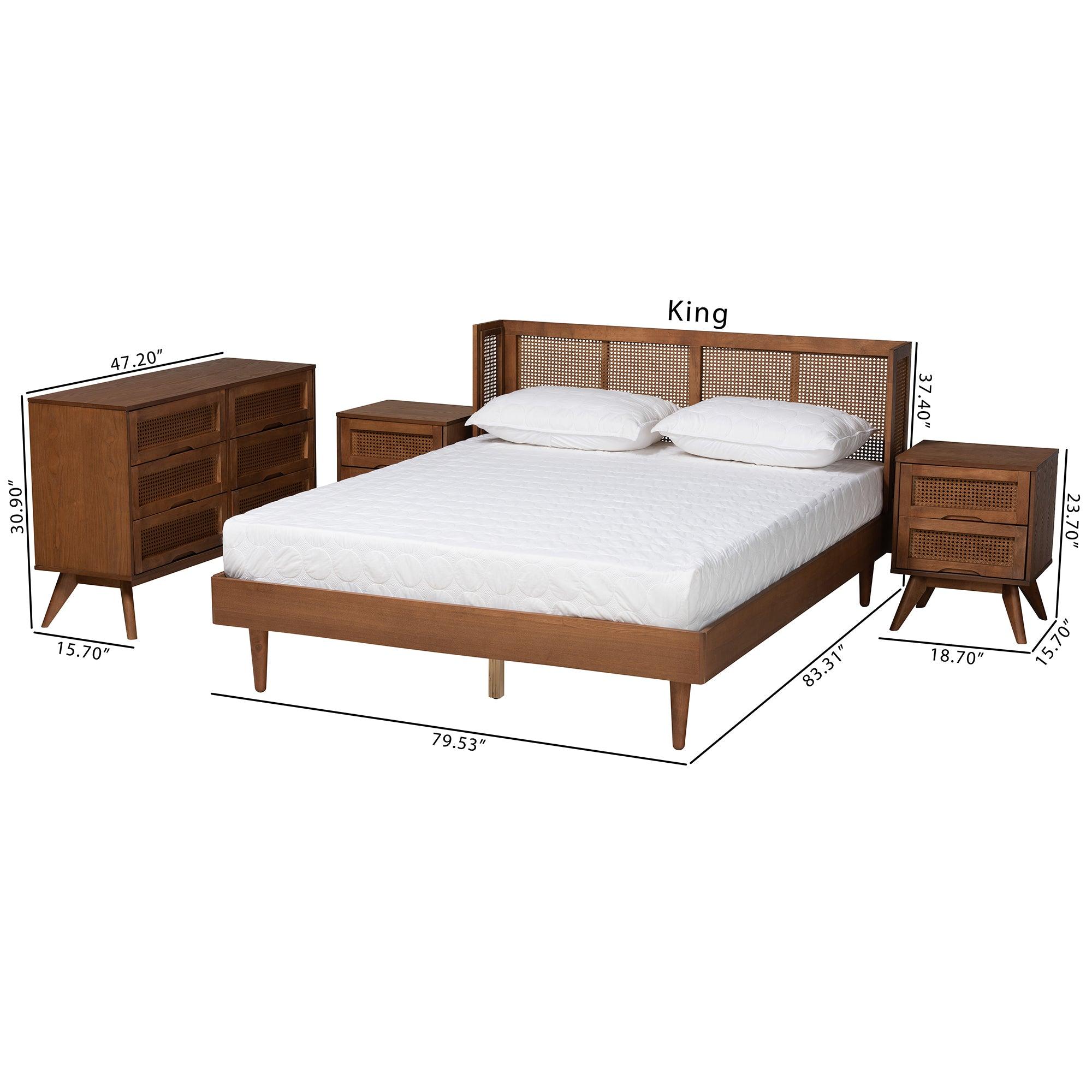 Rina Mid-Century Modern Ash Finished Wood 4-Piece Bedroom Set with Synthetic Rattan