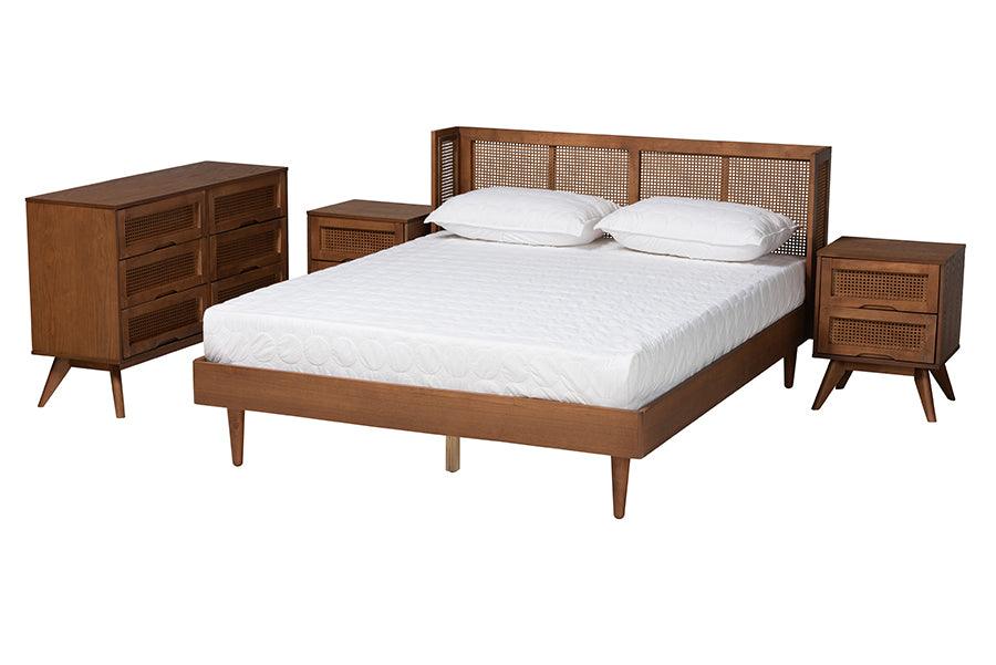 Rina Mid-Century Modern Ash Finished Wood 4-Piece Bedroom Set with Synthetic Rattan