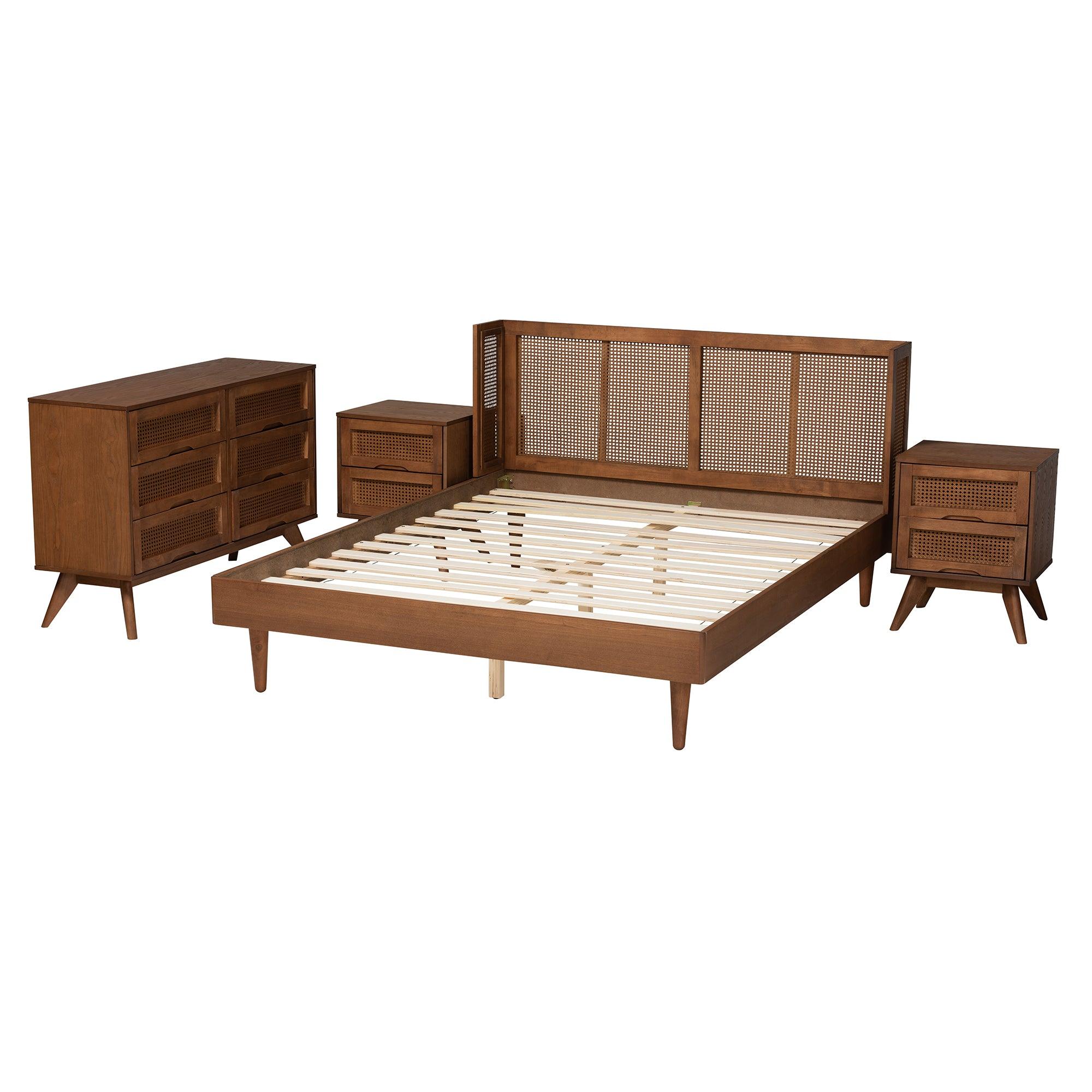 Rina Mid-Century Modern Ash Finished Wood 4-Piece Bedroom Set with Synthetic Rattan