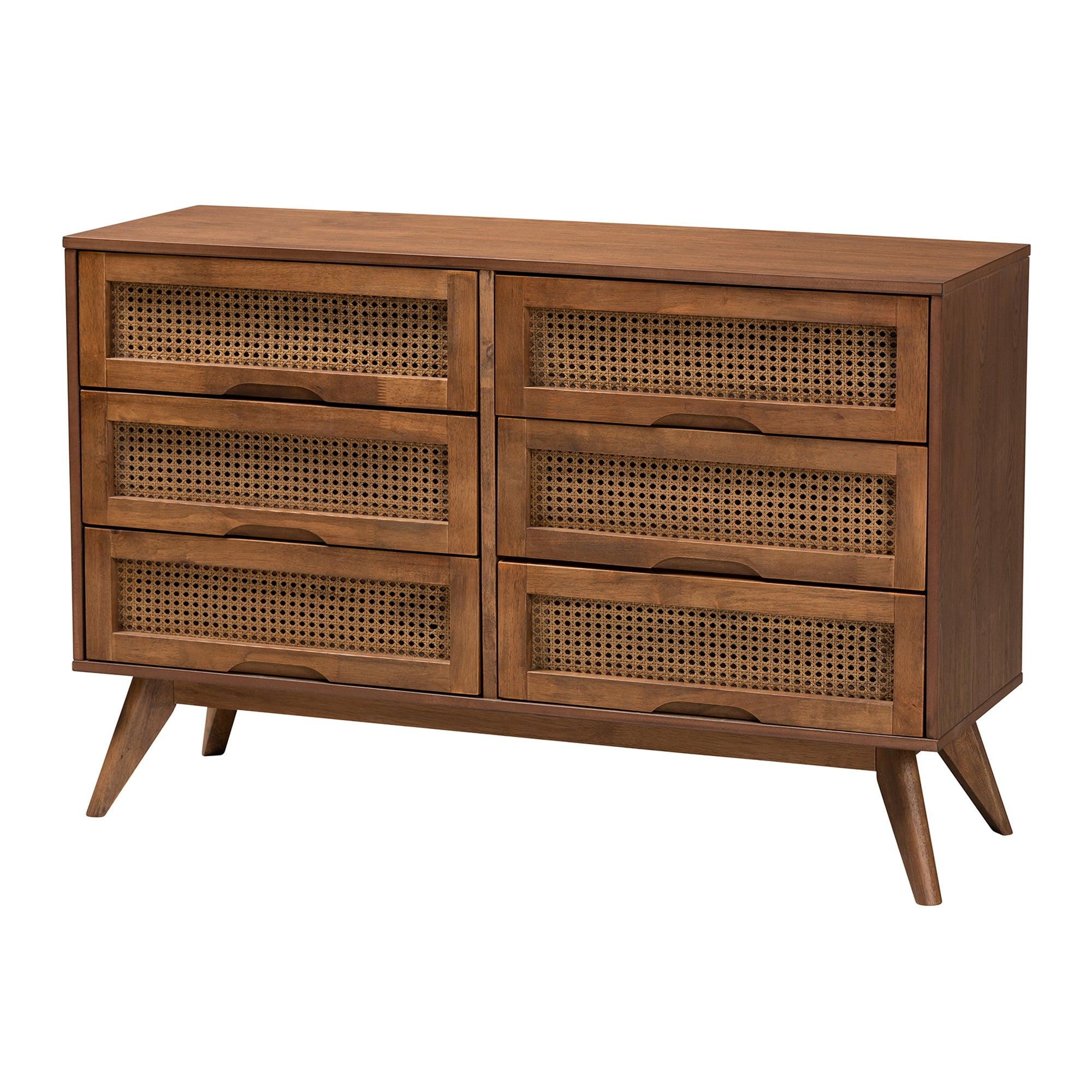 Rina Mid-Century Modern Ash Finished Wood 4-Piece Bedroom Set with Synthetic Rattan