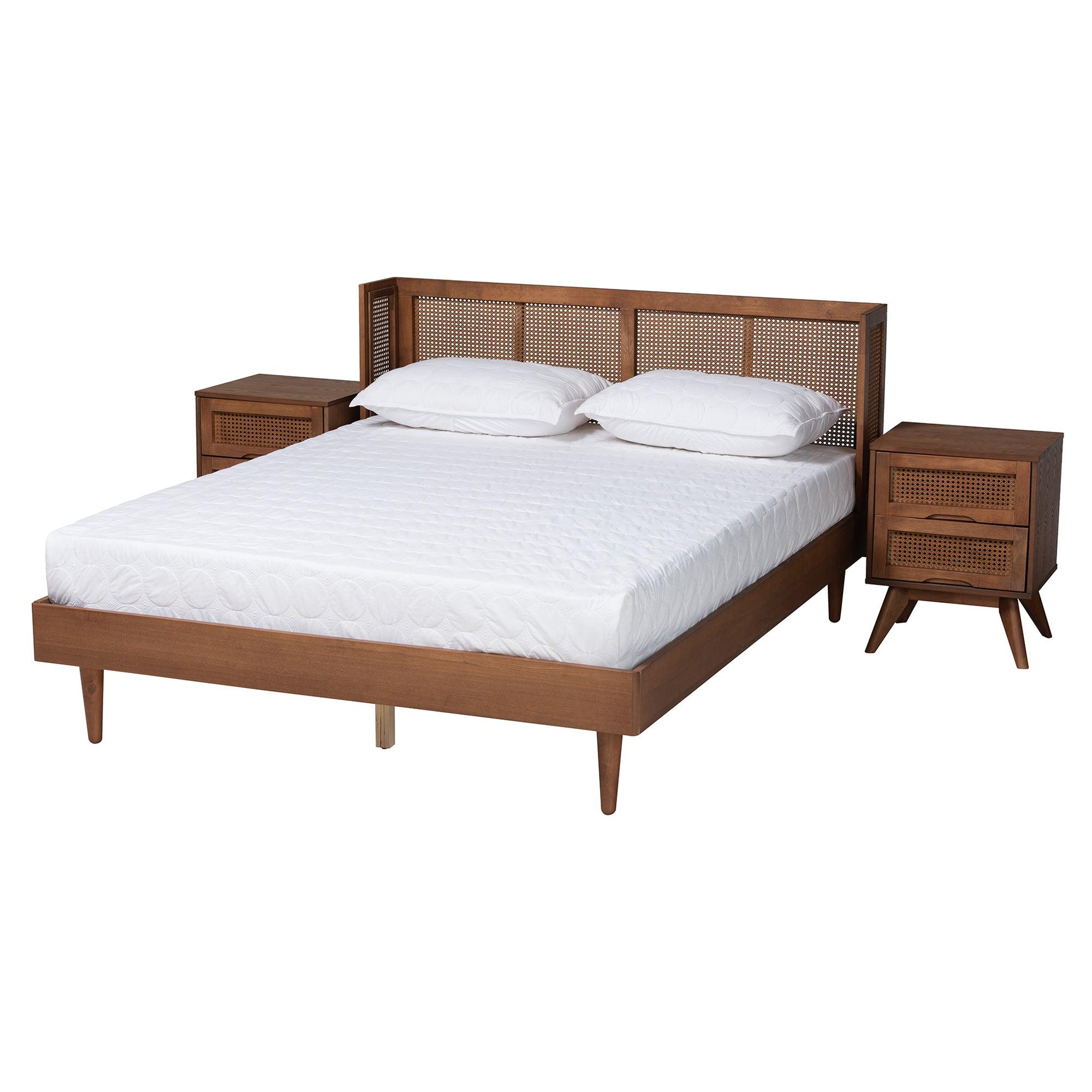 Rina Mid-Century Modern Ash Finished Wood 3-Piece Bedroom Set with Synthetic Rattan