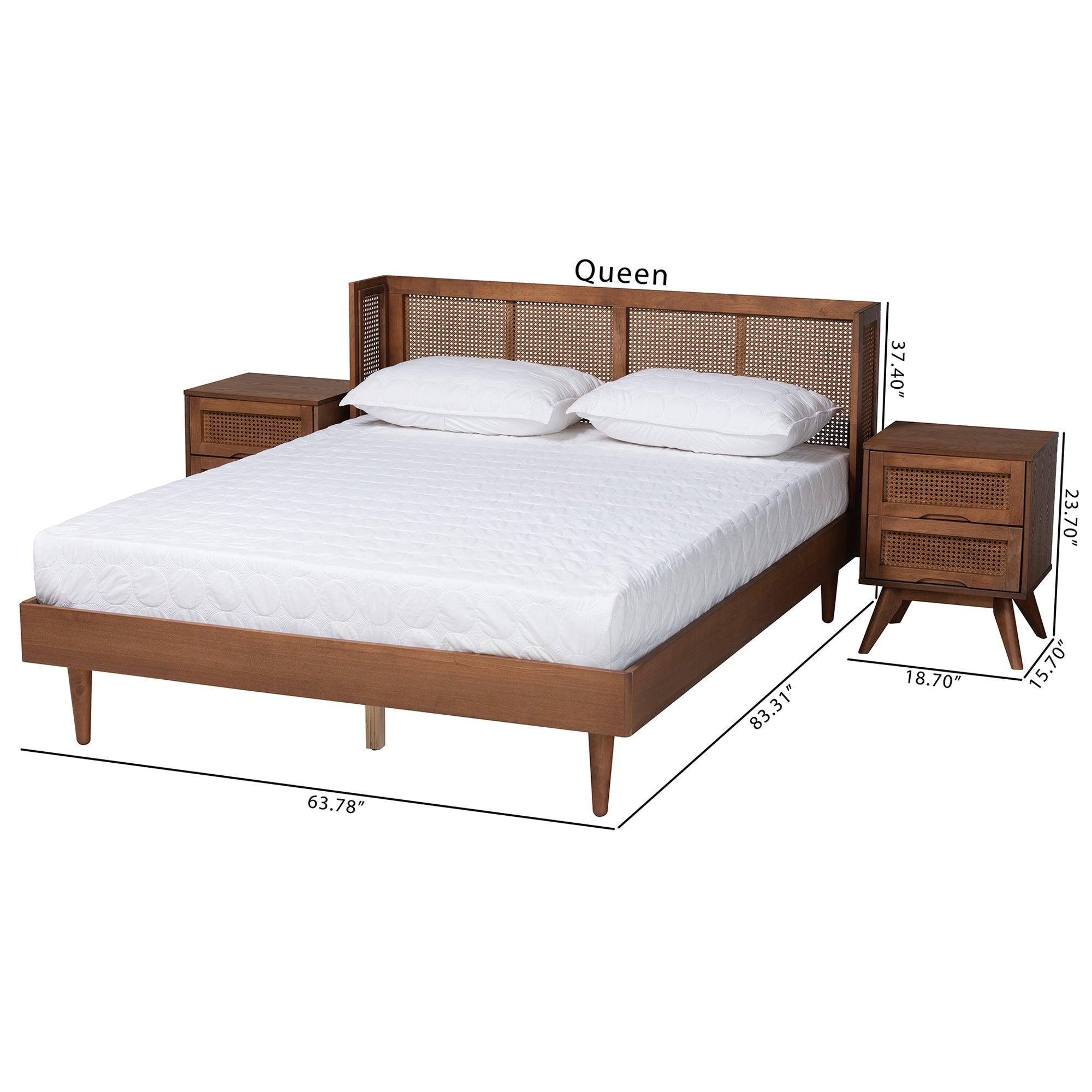 Rina Mid-Century Modern Ash Finished Wood 3-Piece Bedroom Set with Synthetic Rattan