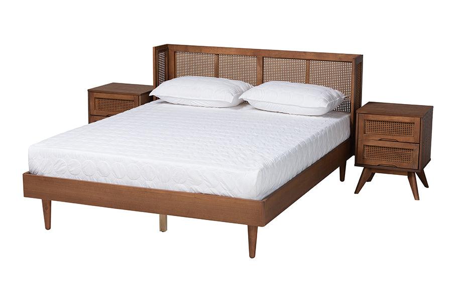 Rina Mid-Century Modern Ash Finished Wood 3-Piece Bedroom Set with Synthetic Rattan