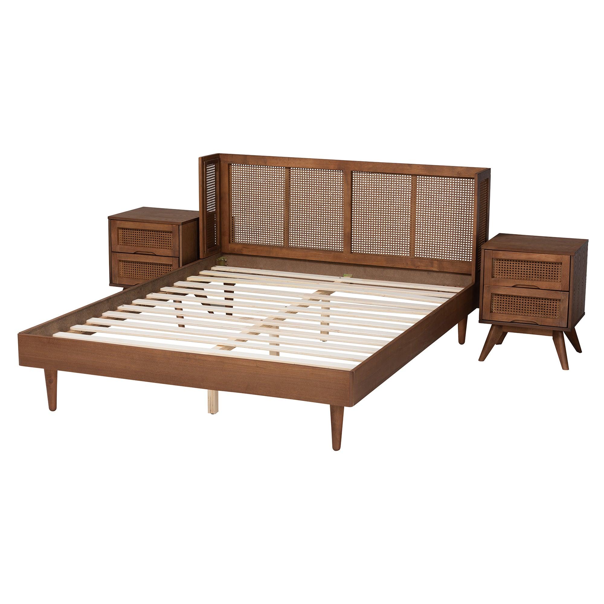 Rina Mid-Century Modern Ash Finished Wood 3-Piece Bedroom Set with Synthetic Rattan