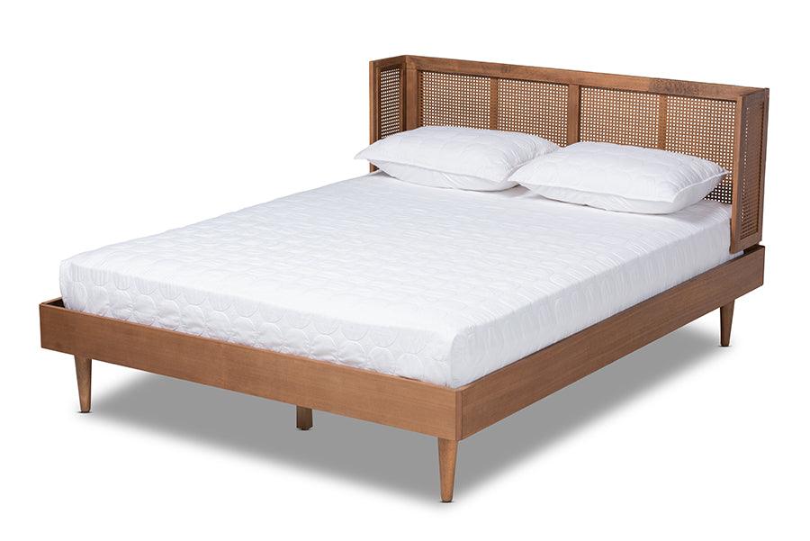 Rina Mid-Century Modern Ash Wanut Finished Wood and Synthetic Rattan Platform Bed with Wrap-Around Headboard