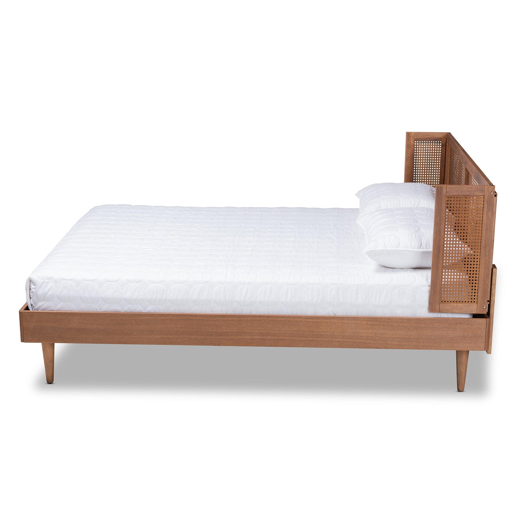 Rina Mid-Century Modern Ash Wanut Finished Wood and Synthetic Rattan Platform Bed with Wrap-Around Headboard