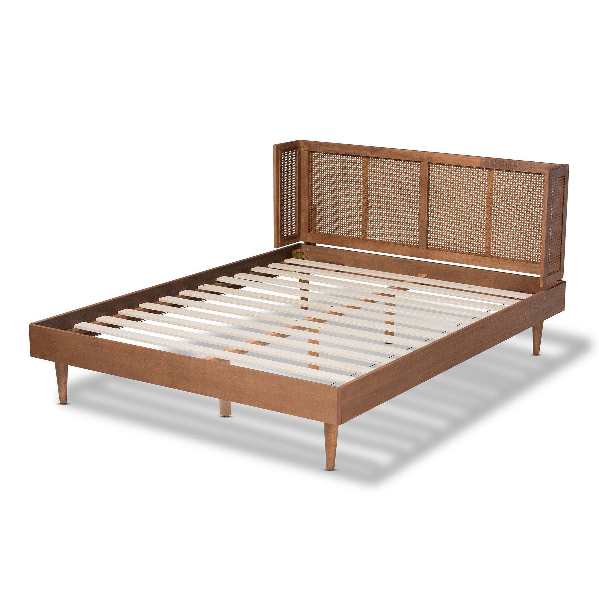 Rina Mid-Century Modern Ash Wanut Finished Wood and Synthetic Rattan Platform Bed with Wrap-Around Headboard