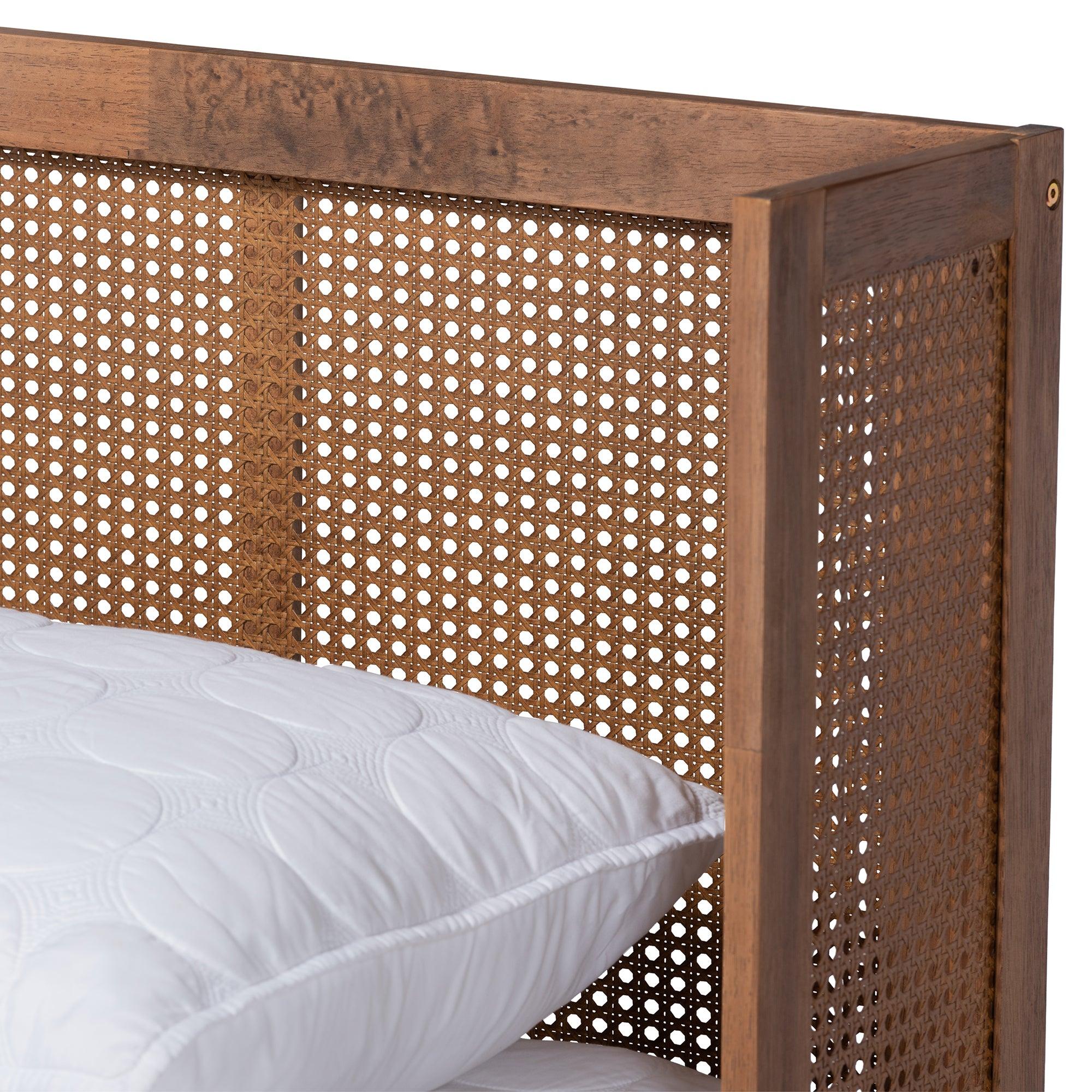 Rina Mid-Century Modern Ash Wanut Finished Wood and Synthetic Rattan Platform Bed with Wrap-Around Headboard