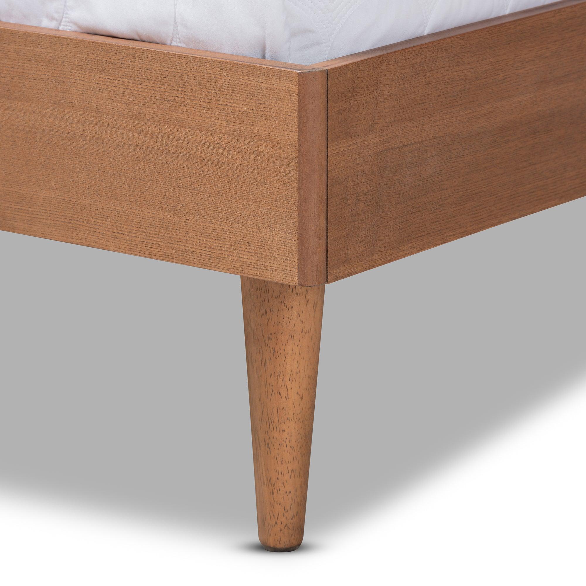 Rina Mid-Century Modern Ash Wanut Finished Wood and Synthetic Rattan Platform Bed with Wrap-Around Headboard