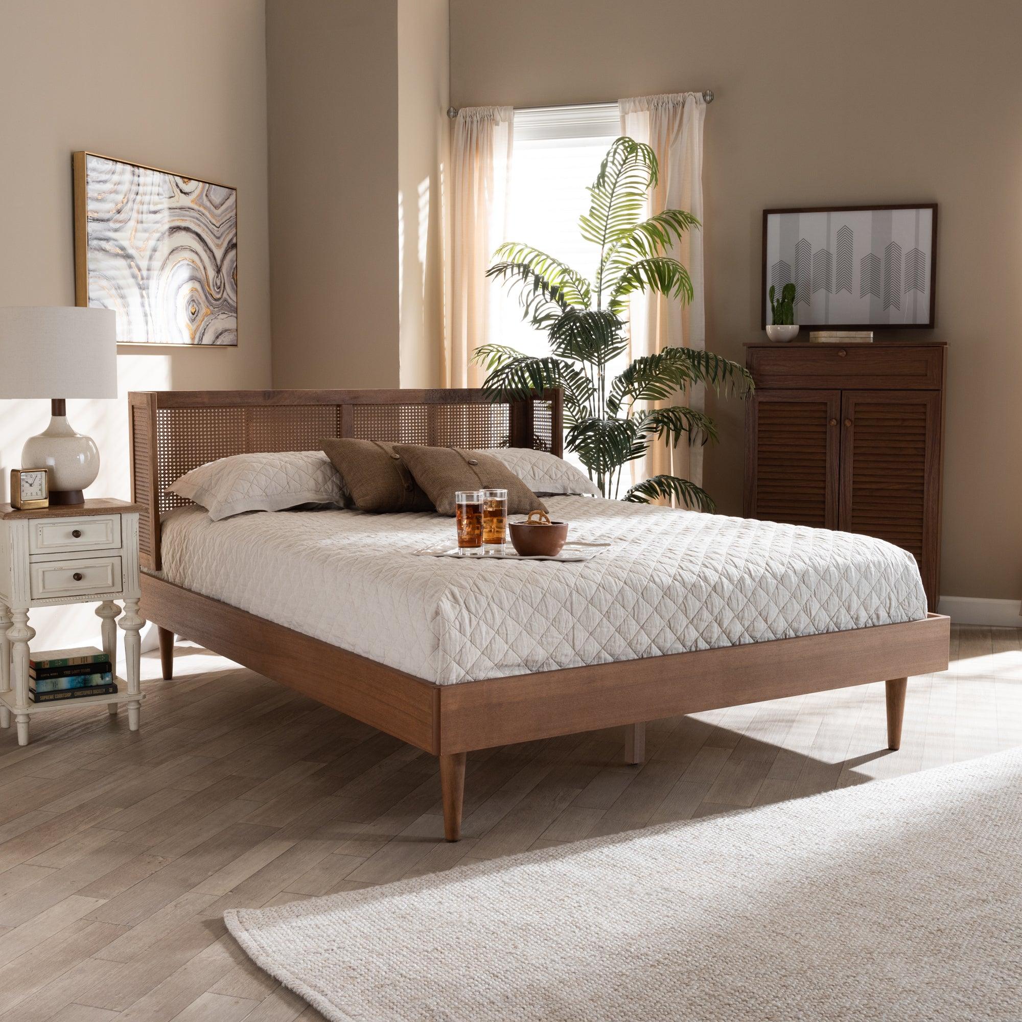 Rina Mid-Century Modern Ash Wanut Finished Wood and Synthetic Rattan Platform Bed with Wrap-Around Headboard