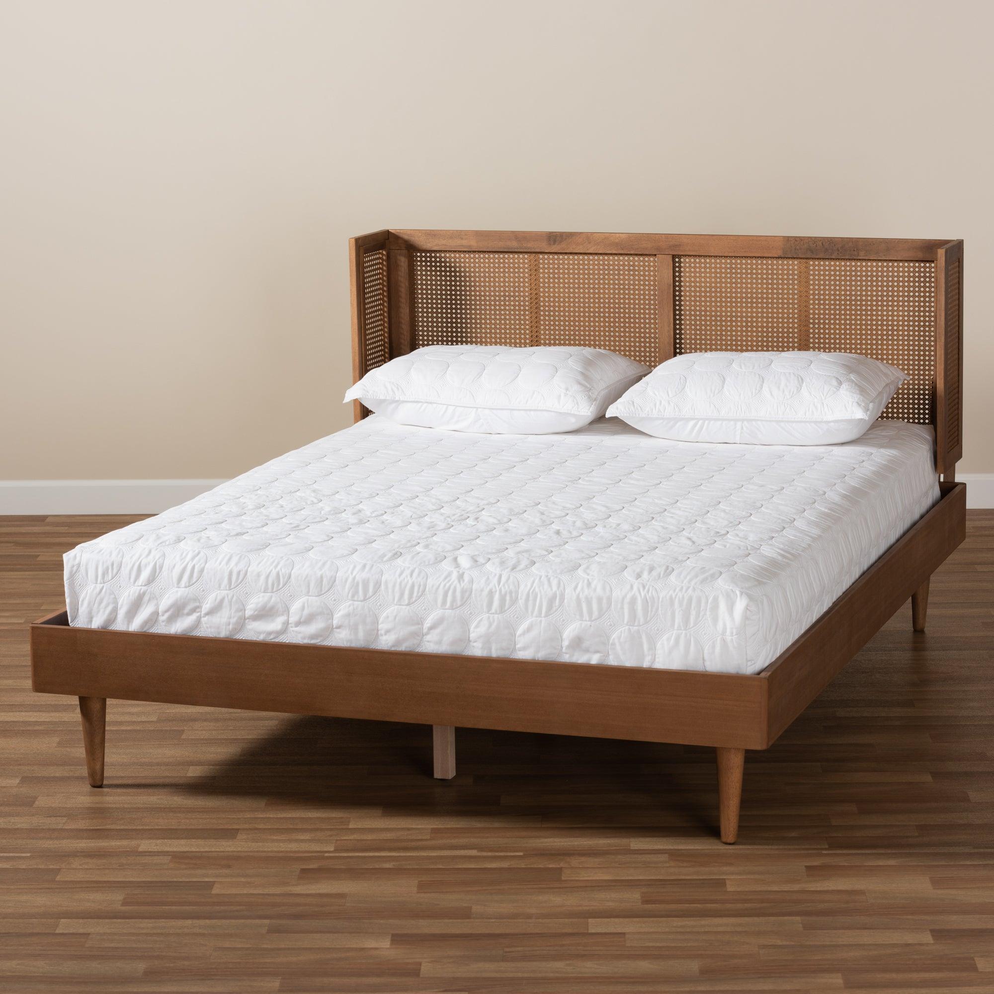 Rina Mid-Century Modern Ash Wanut Finished Wood and Synthetic Rattan Platform Bed with Wrap-Around Headboard