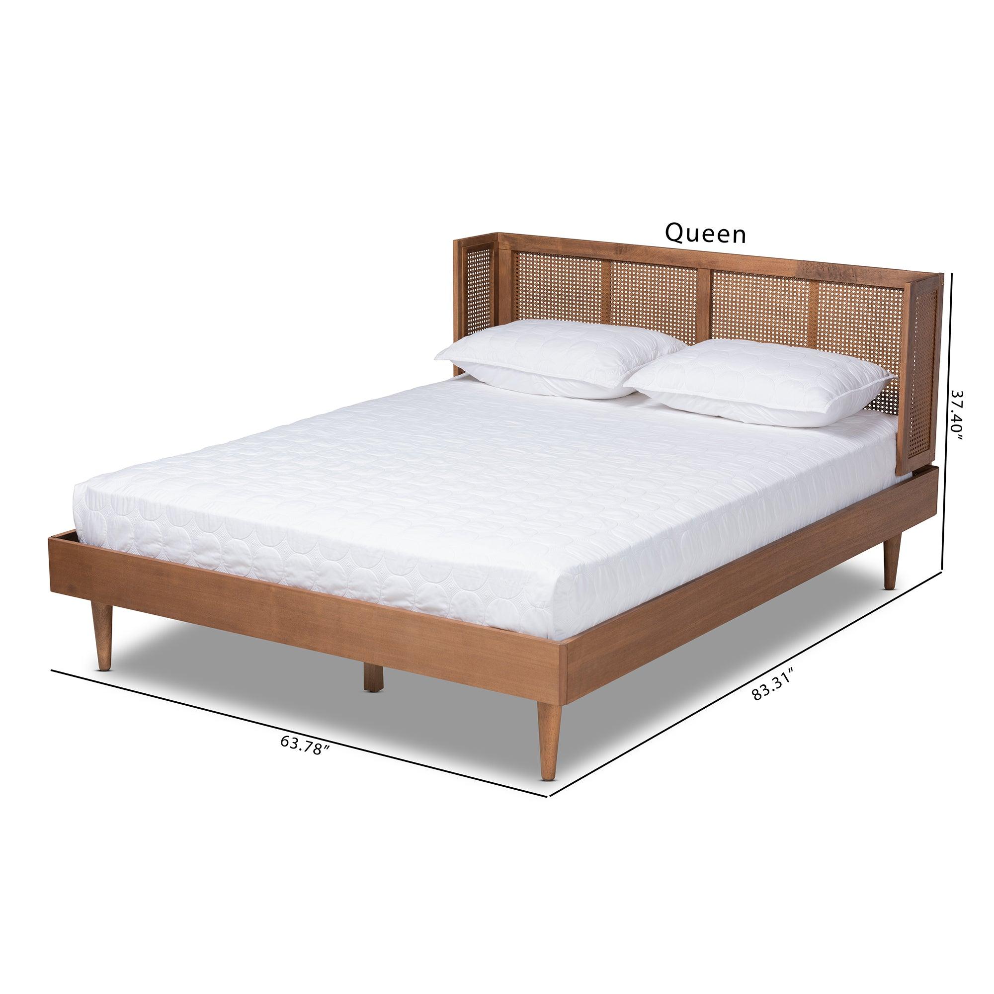 Rina Mid-Century Modern Ash Wanut Finished Wood and Synthetic Rattan Platform Bed with Wrap-Around Headboard