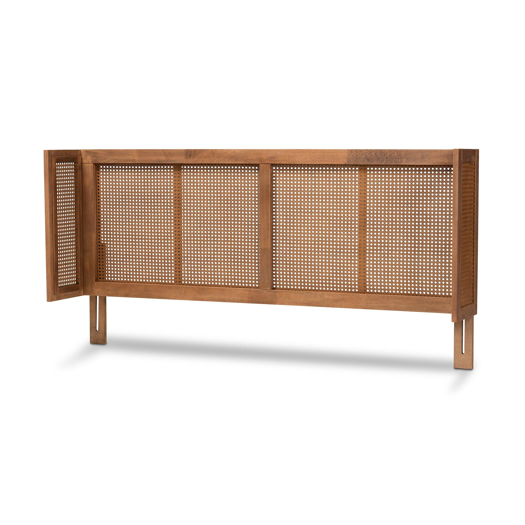 Rina Mid-Century Modern Ash Wanut Finished Wood and Synthetic Rattan Wrap-Around Headboard