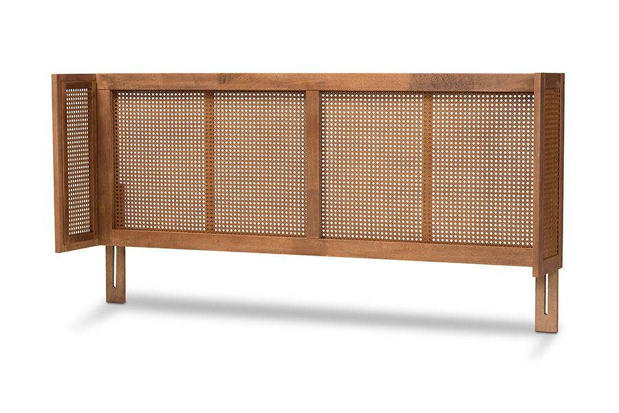 Rina Mid-Century Modern Ash Wanut Finished Wood and Synthetic Rattan Wrap-Around Headboard