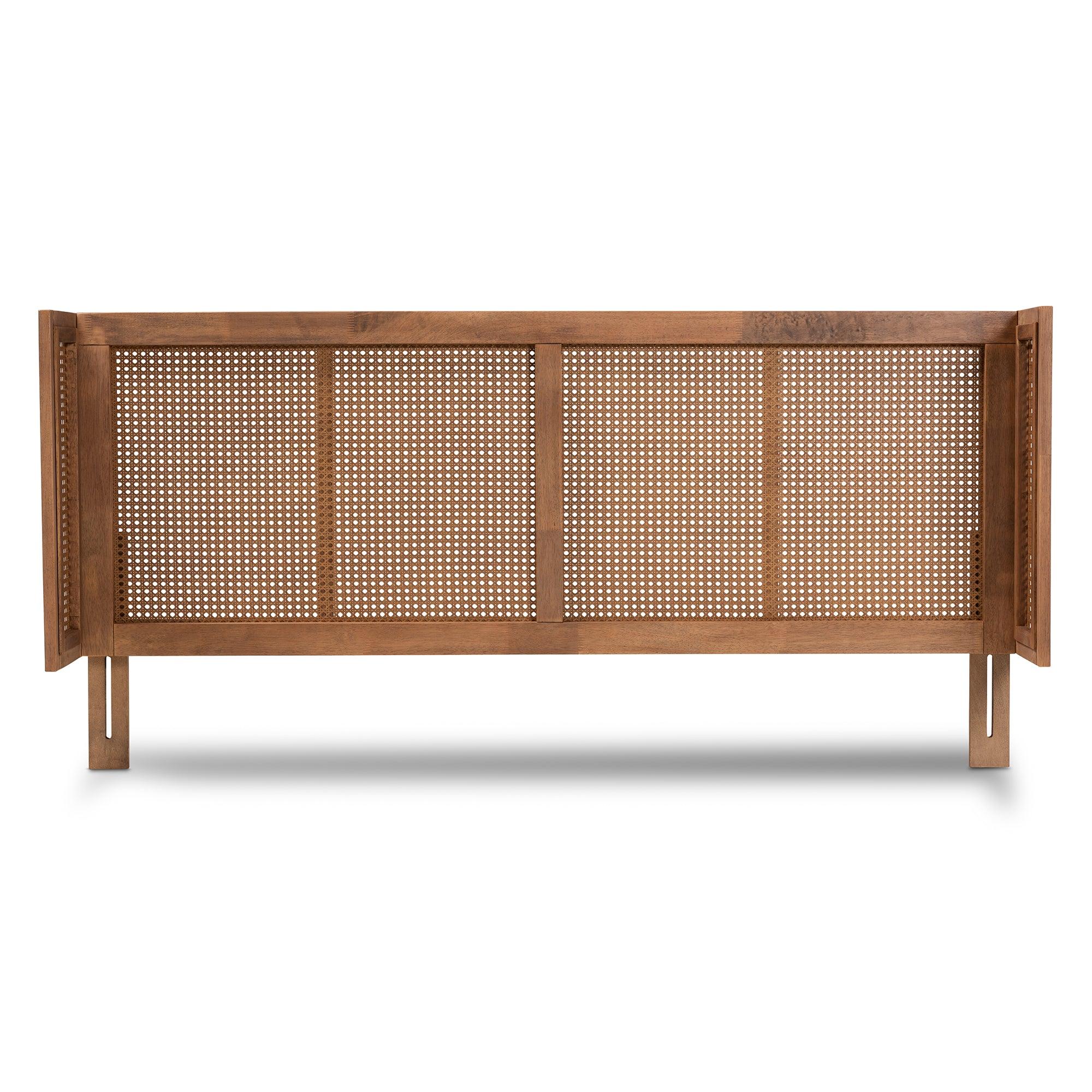 Rina Mid-Century Modern Ash Wanut Finished Wood and Synthetic Rattan Wrap-Around Headboard