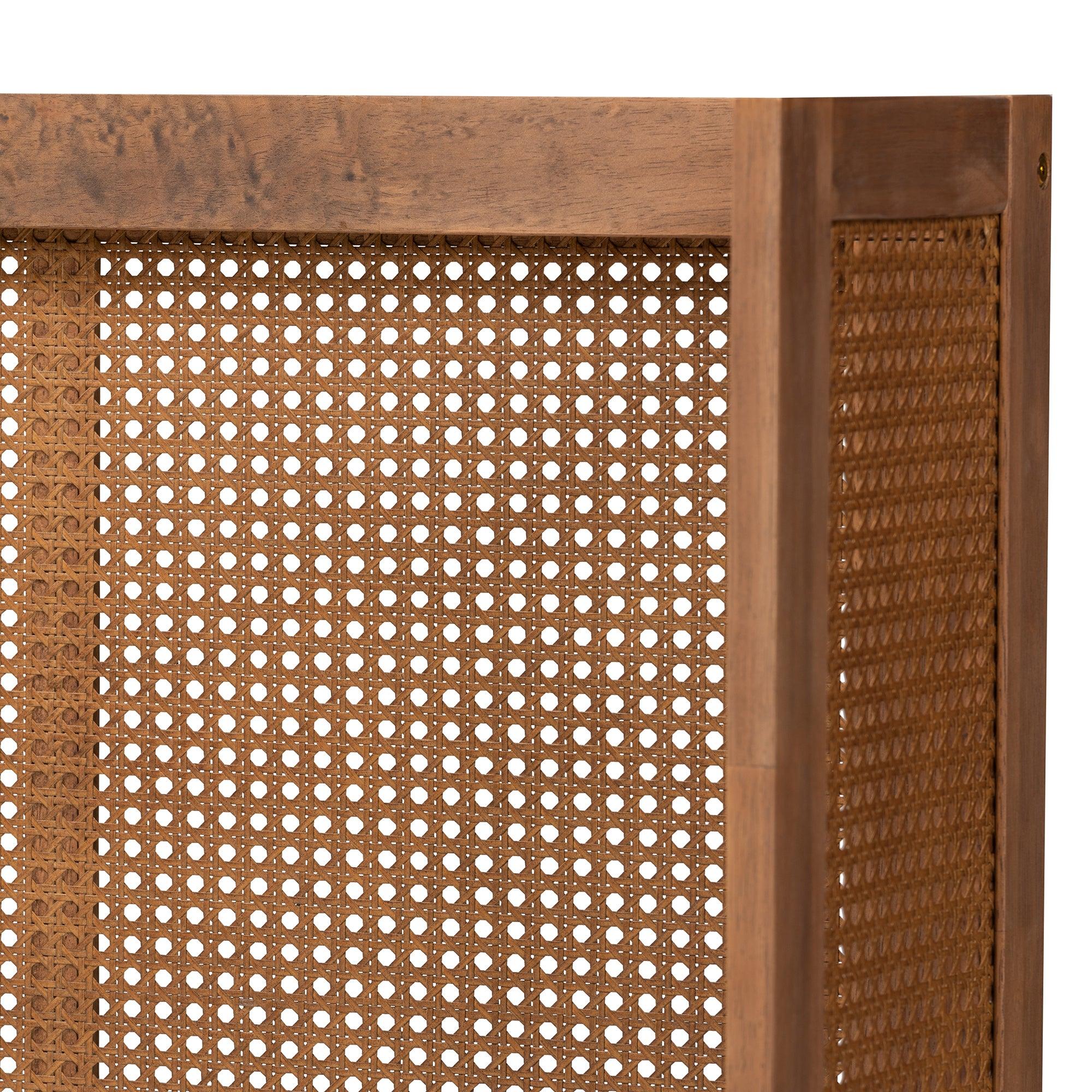 Rina Mid-Century Modern Ash Wanut Finished Wood and Synthetic Rattan Wrap-Around Headboard