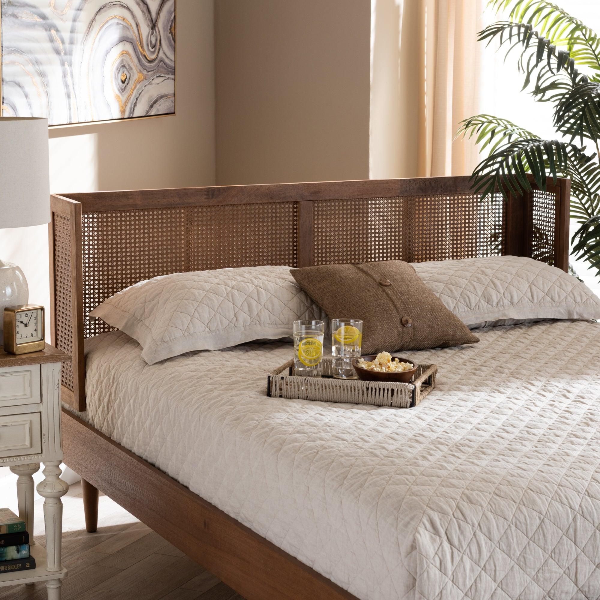 Rina Mid-Century Modern Ash Wanut Finished Wood and Synthetic Rattan Wrap-Around Headboard