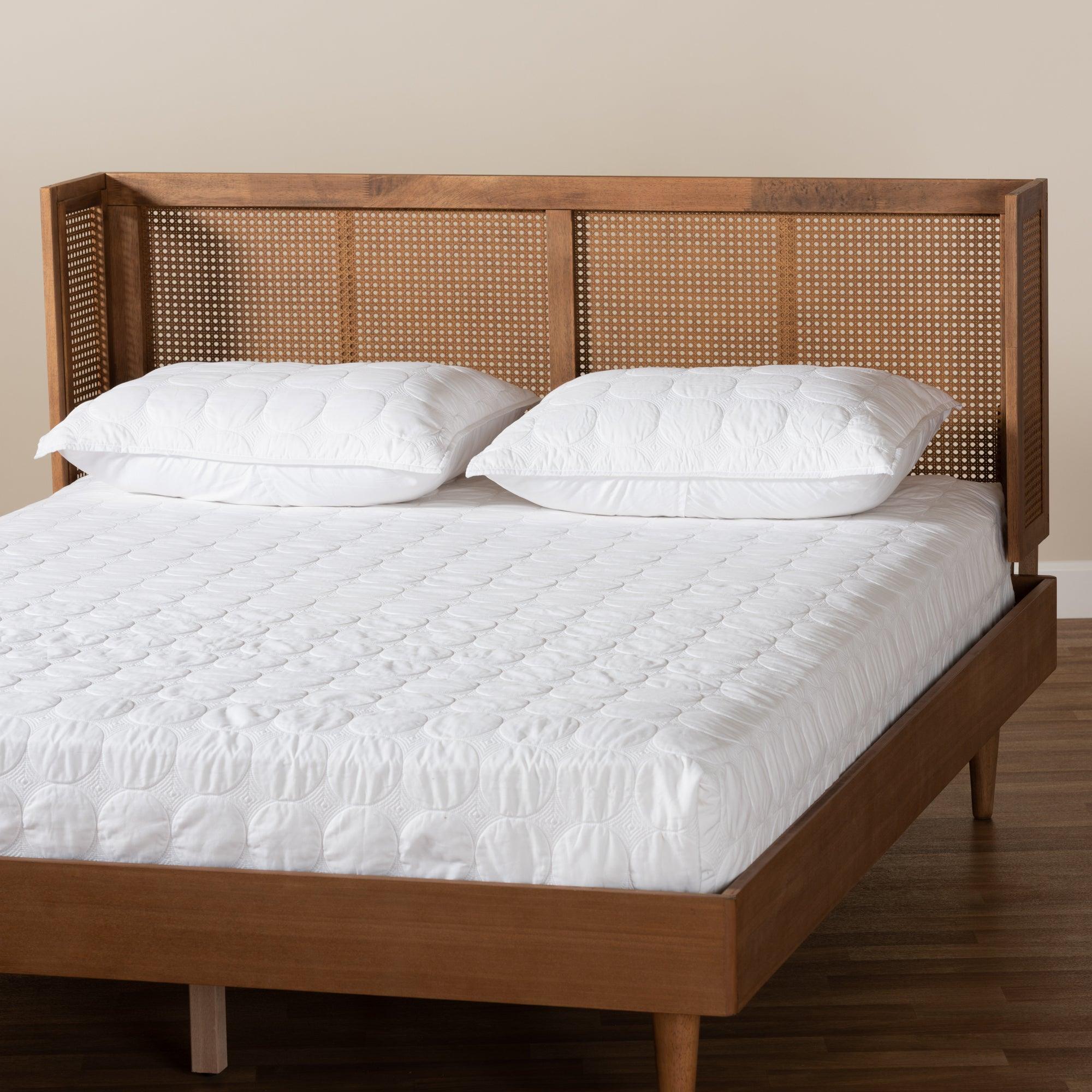 Rina Mid-Century Modern Ash Wanut Finished Wood and Synthetic Rattan Wrap-Around Headboard