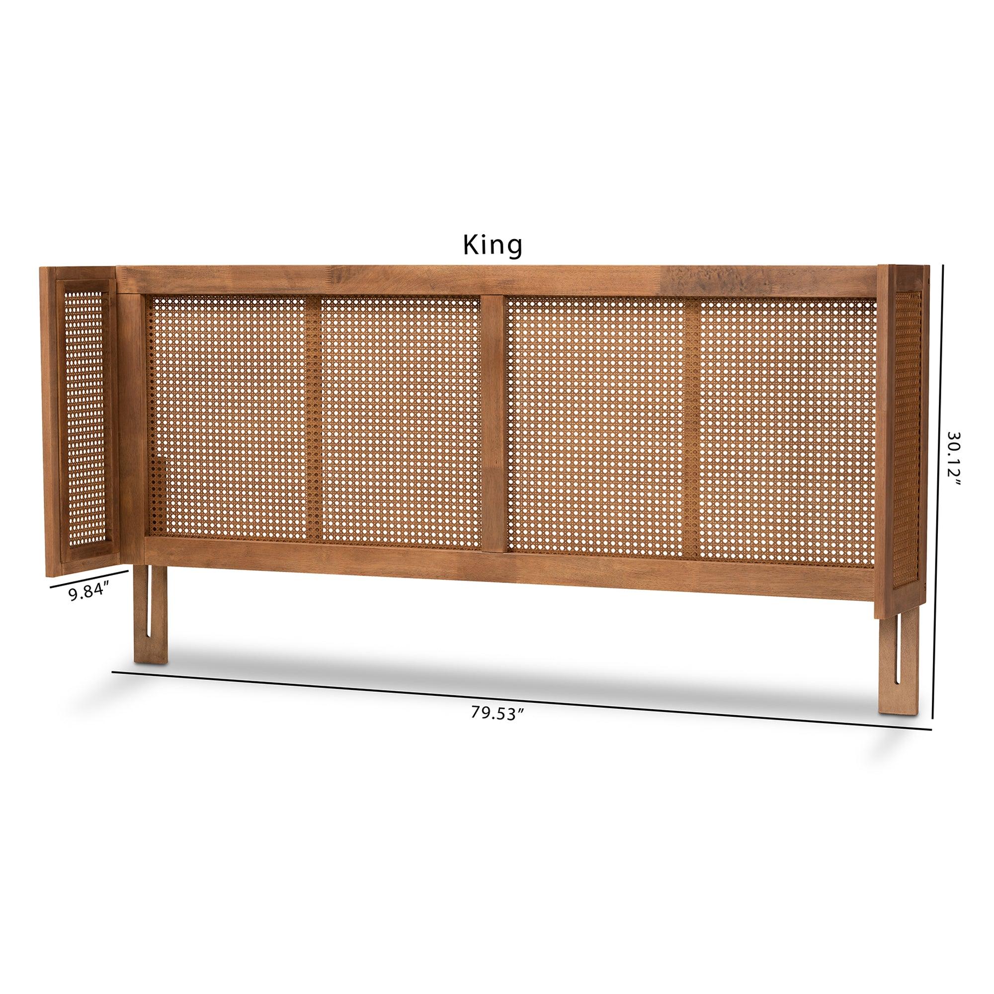 Rina Mid-Century Modern Ash Wanut Finished Wood and Synthetic Rattan Wrap-Around Headboard