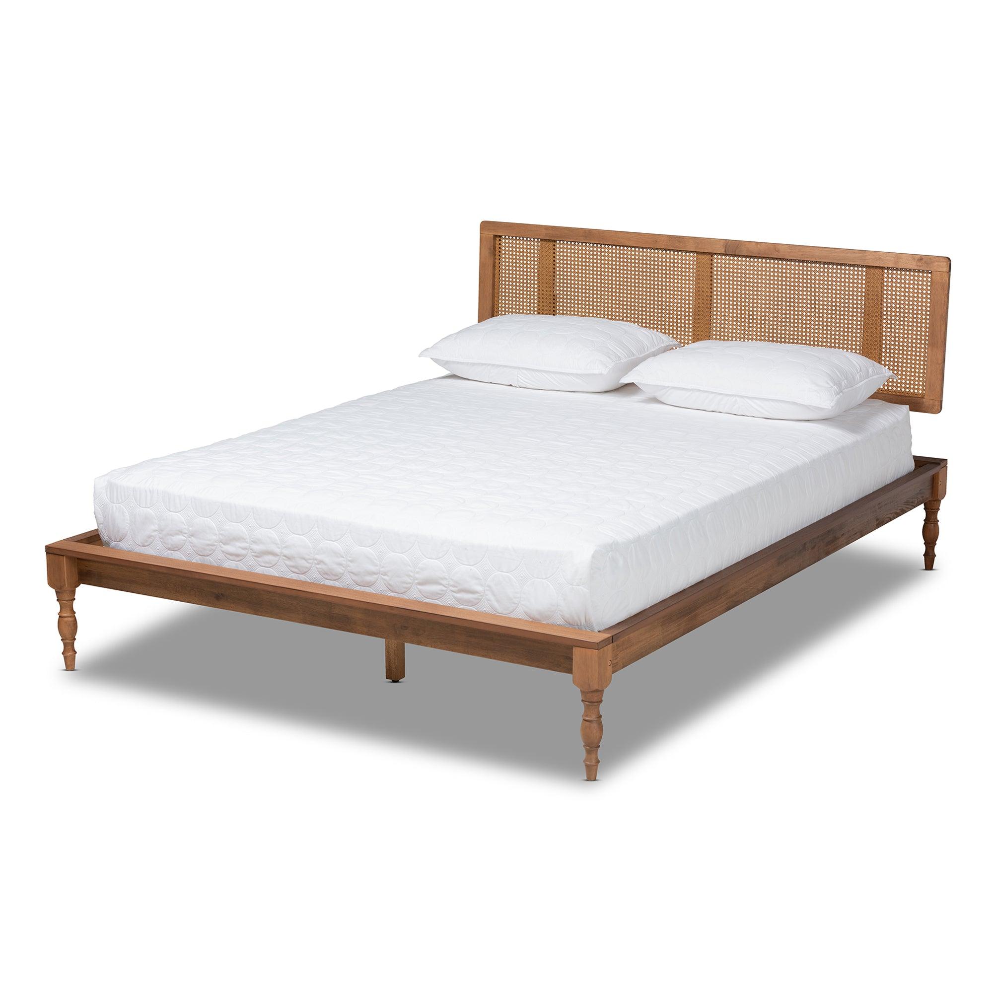 Romy Vintage French Inspired Ash Wanut Finished Wood and Synthetic Rattan Platform Bed