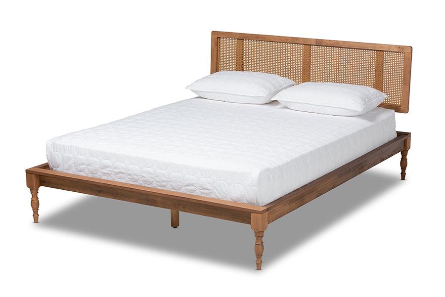 Romy Vintage French Inspired Ash Wanut Finished Wood and Synthetic Rattan Platform Bed