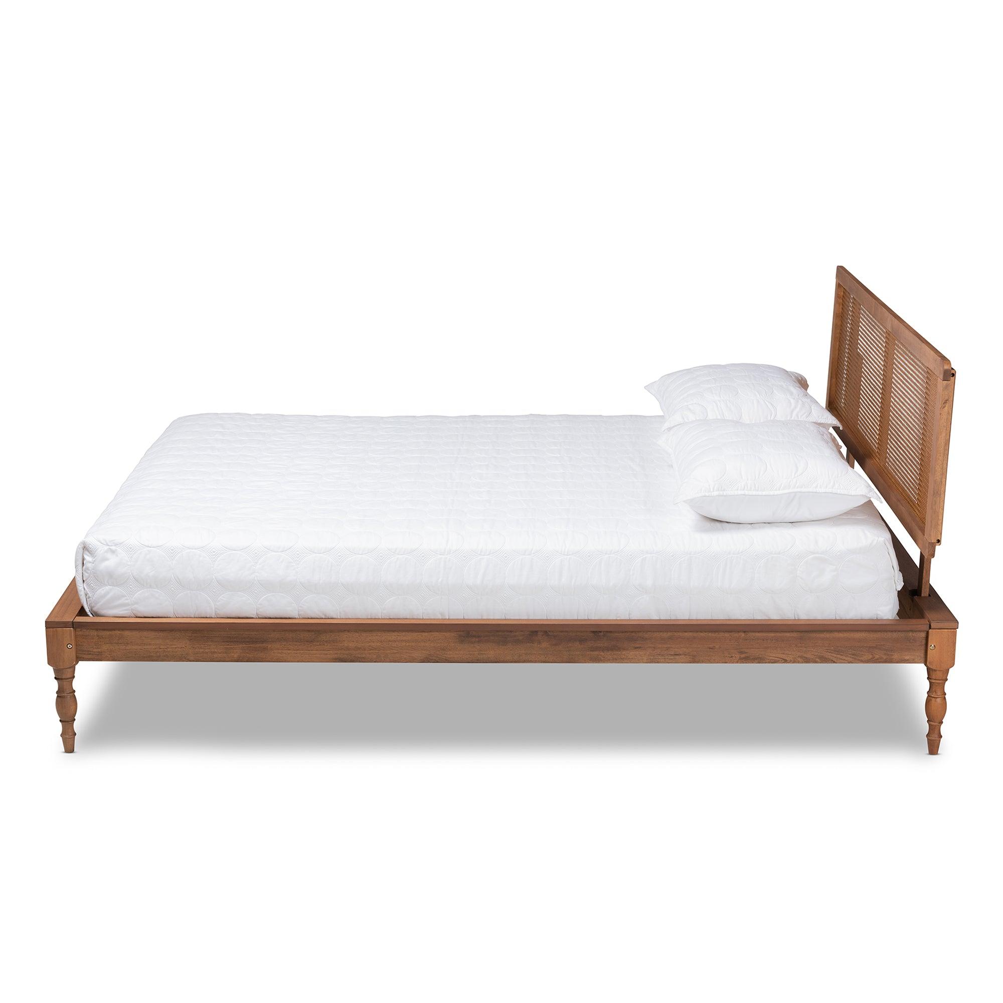 Romy Vintage French Inspired Ash Wanut Finished Wood and Synthetic Rattan Platform Bed