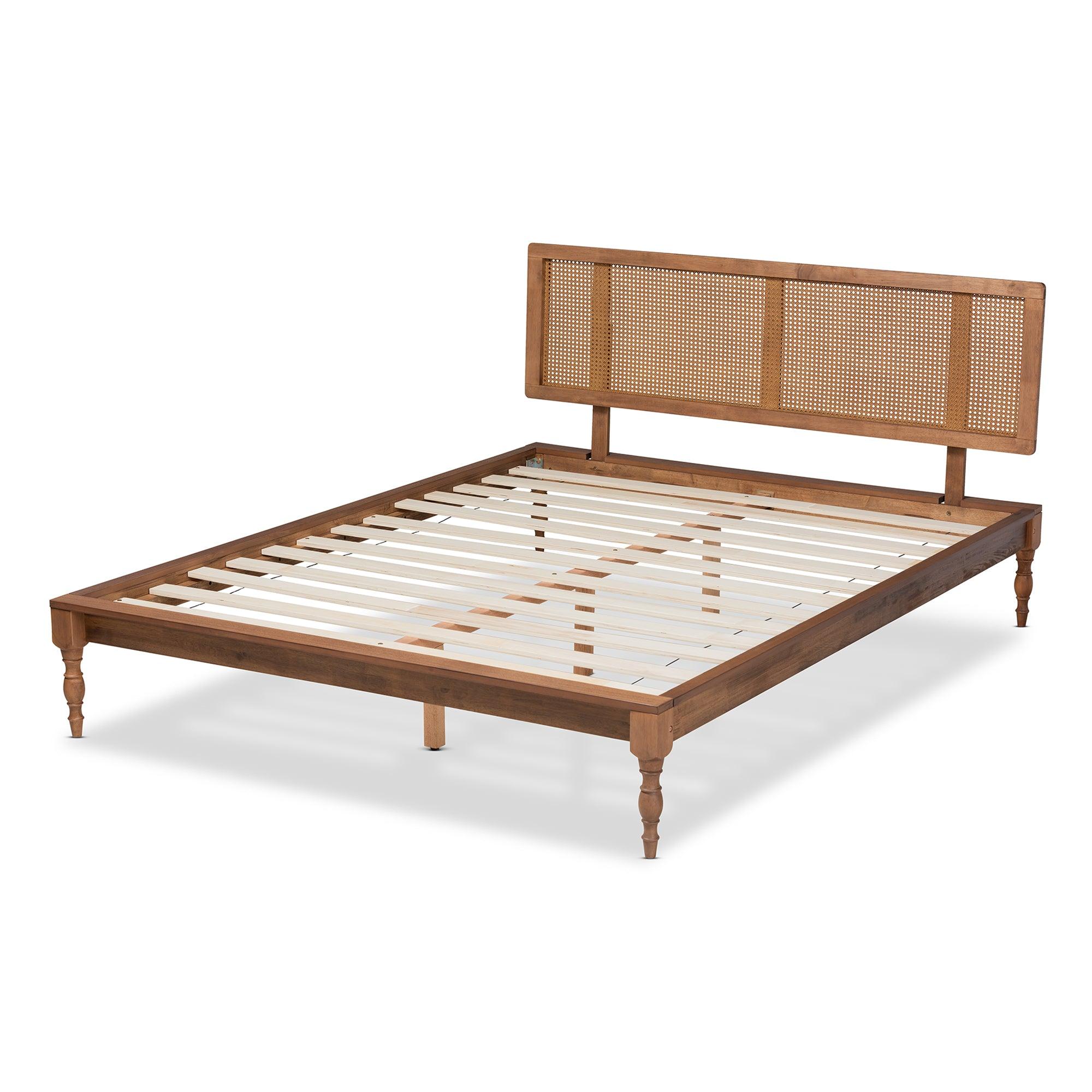 Romy Vintage French Inspired Ash Wanut Finished Wood and Synthetic Rattan Platform Bed